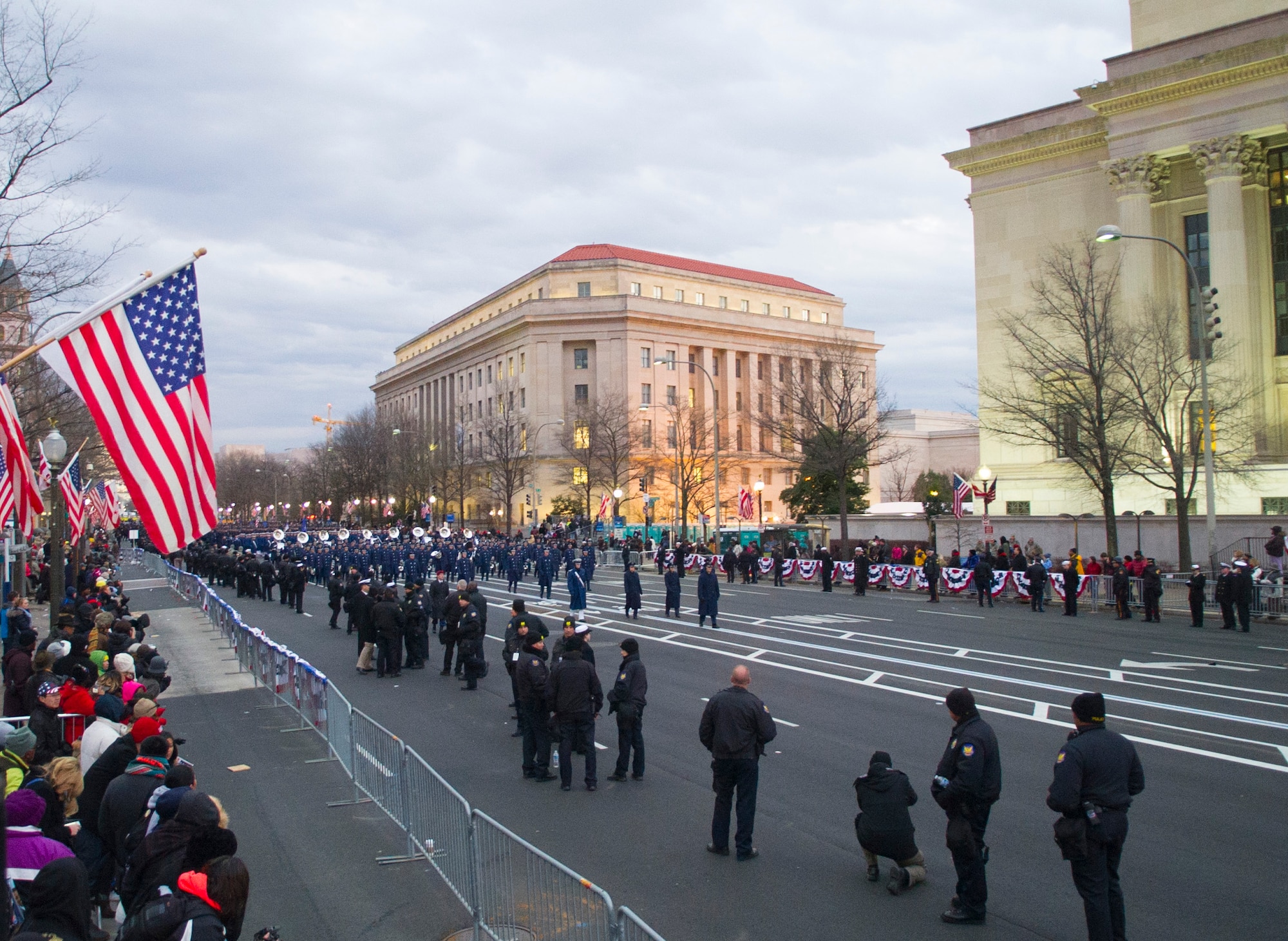 The United States Air Force Band marches along Pennsylvania Avenue in Washington during the 57th Presidential Inaugural Parade Jan. 21, 2013. The U.S. military has participated in this important American tradition since April 30, 1789, when members of the U.S. Army, local militia units and Revolutionary War veterans escorted George Washington to his first Inauguration ceremony at Federal Hall in New York City.   (U.S. Air Force photo by 1st Lt. Ashleigh Peck) 