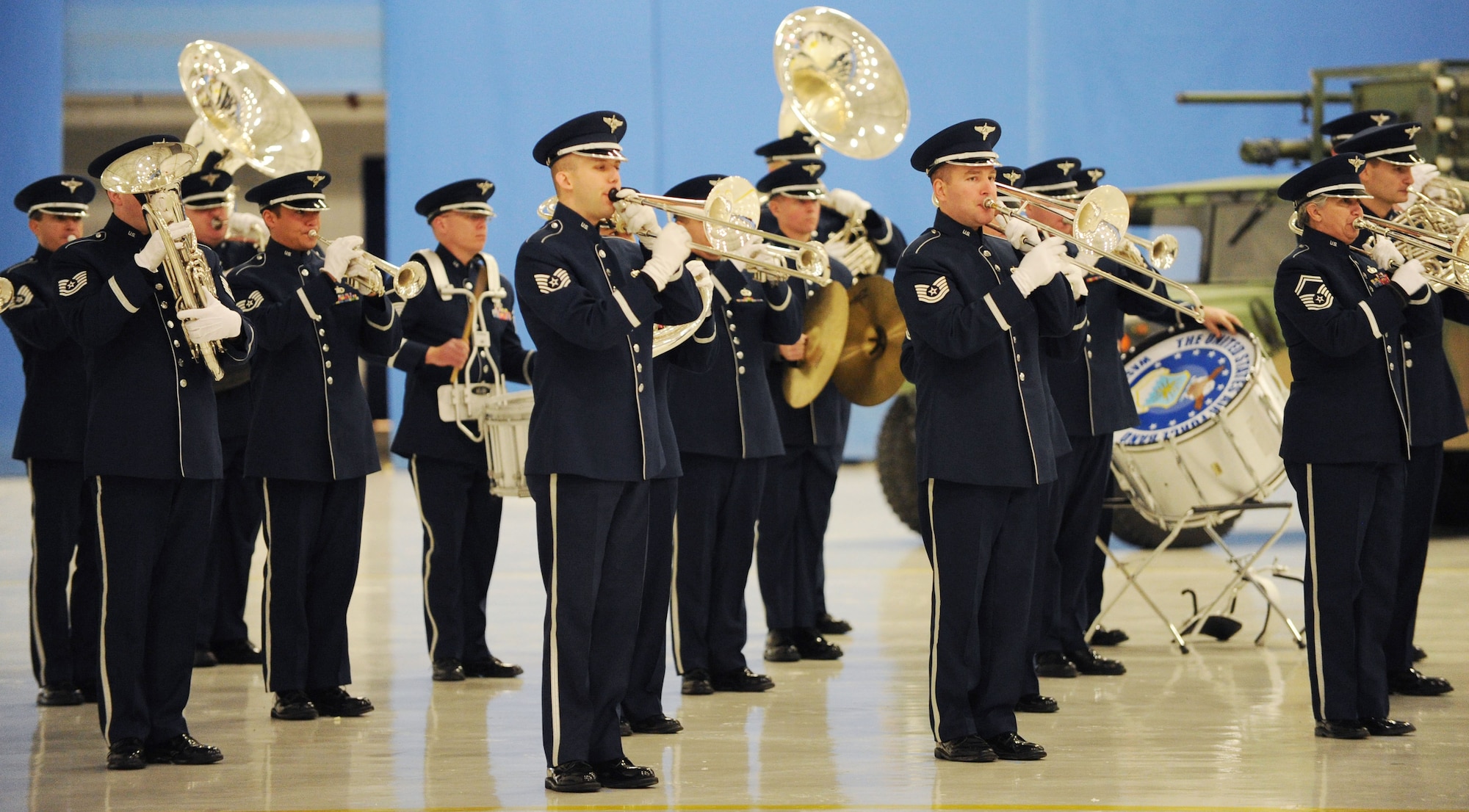 Members of the U.S. Air Force Band play the National Anthem during the Chief Master Sergeant. of the Air Force Transition Ceremony at Joint Base Andrews, Md., Jan. 24, 2013. Chief Master Sgt. James A. Cody became the 17th CMSAF following the retirement of CMSAF James A. Roy. Roy's retirement culminated more than 30 years of service. (U.S. Air Force photo/ Staff Sgt. Nichelle Anderson)