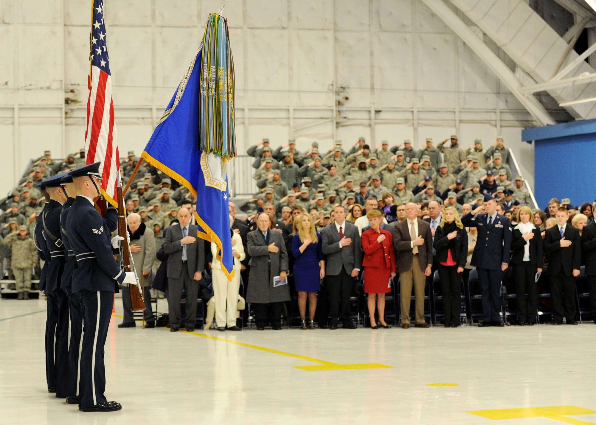 The United States Air Force Honor Guard Present the Colors during the Chief Master Sergeant of the Air Force Transition Ceremony at Joint Base Andrews, Md., Jan. 24, 2013. Chief Master Sgt. James A. Cody became the 17th CMSAF following the retirement of CMSAF James A. Roy. Roy's retirement culminated more than 30 years of service. (U.S. Air Force photo/ Staff Sgt. Nichelle Anderson)