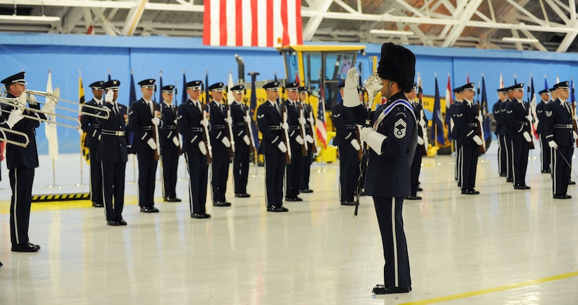 Chief Master Sgt. Ed Teleky, U.S. Air Force Band drum major leads the U.S. Air Force Band in the National Anthem during the Chief Master Sergeant of the Air Force Transition Ceremony at Joint Base Andrews, Md., Jan. 24, 2013. Chief Master Sgt. James A. Cody became the 17th CMSAF following the retirement of CMSAF James A. Roy. Roy's retirement culminated more than 30 years of service. (U.S. Air Force photo/ Staff Sgt. Nichelle Anderson)