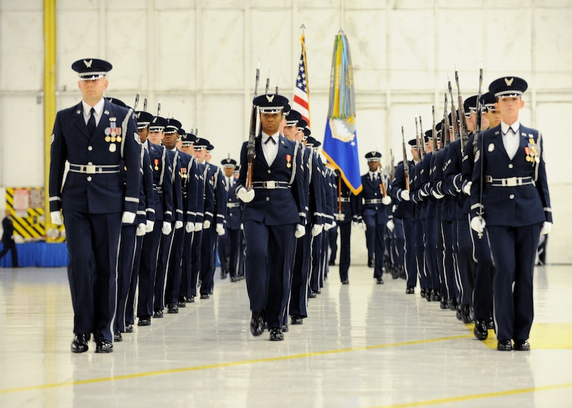Members of the U.S. Air Force Honor Guard march in to position during the Chief Master Sergeant of the Air Force Transition Ceremony at Joint Base Andrews, Md., Jan. 24, 2013. Chief Master Sgt.  James A. Cody became the 17th CMSAF following the retirement of CMSAF James A. Roy. Roy's retirement culminated more than 30 years of service. (U.S. Air Force photo/ Staff Sgt. Nichelle Anderson)