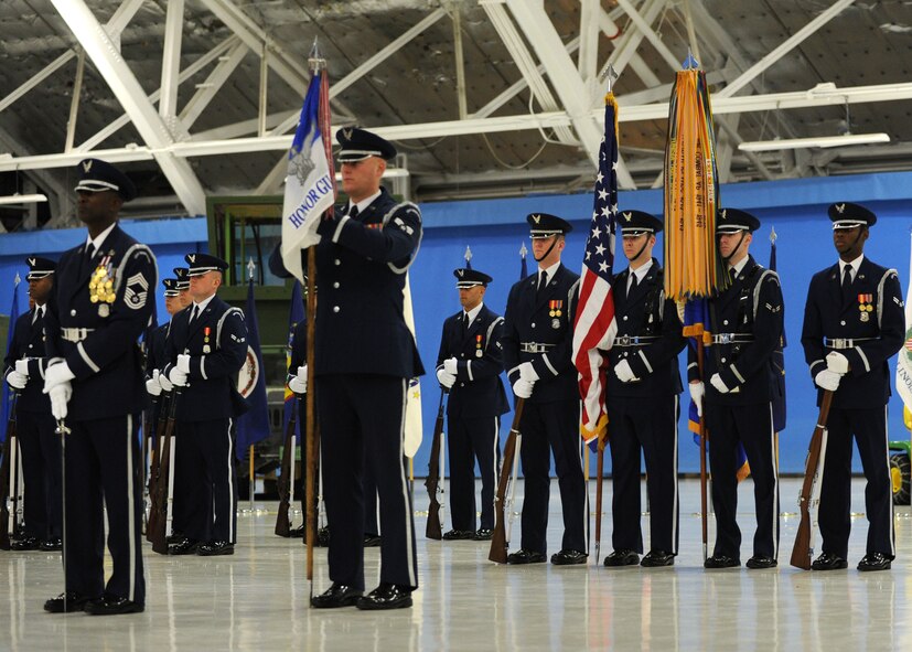 The U.S. Air Force Honor Guard stand at ease during the Chief Master Sergeant of the Air Force Transition Ceremony on Joint Base Andrews, Md., on Jan. 24, 2013. The U.S. Air Force Band and Honor Guard honored the retiring Chief Master Sergeant of the Air Force James A. Roy and welcomed Chief Master Sergeant of the Air Force James A. Cody during the ceremony. (U.S. Air Force photo/ Senior Airman Bahja Joi Jones)