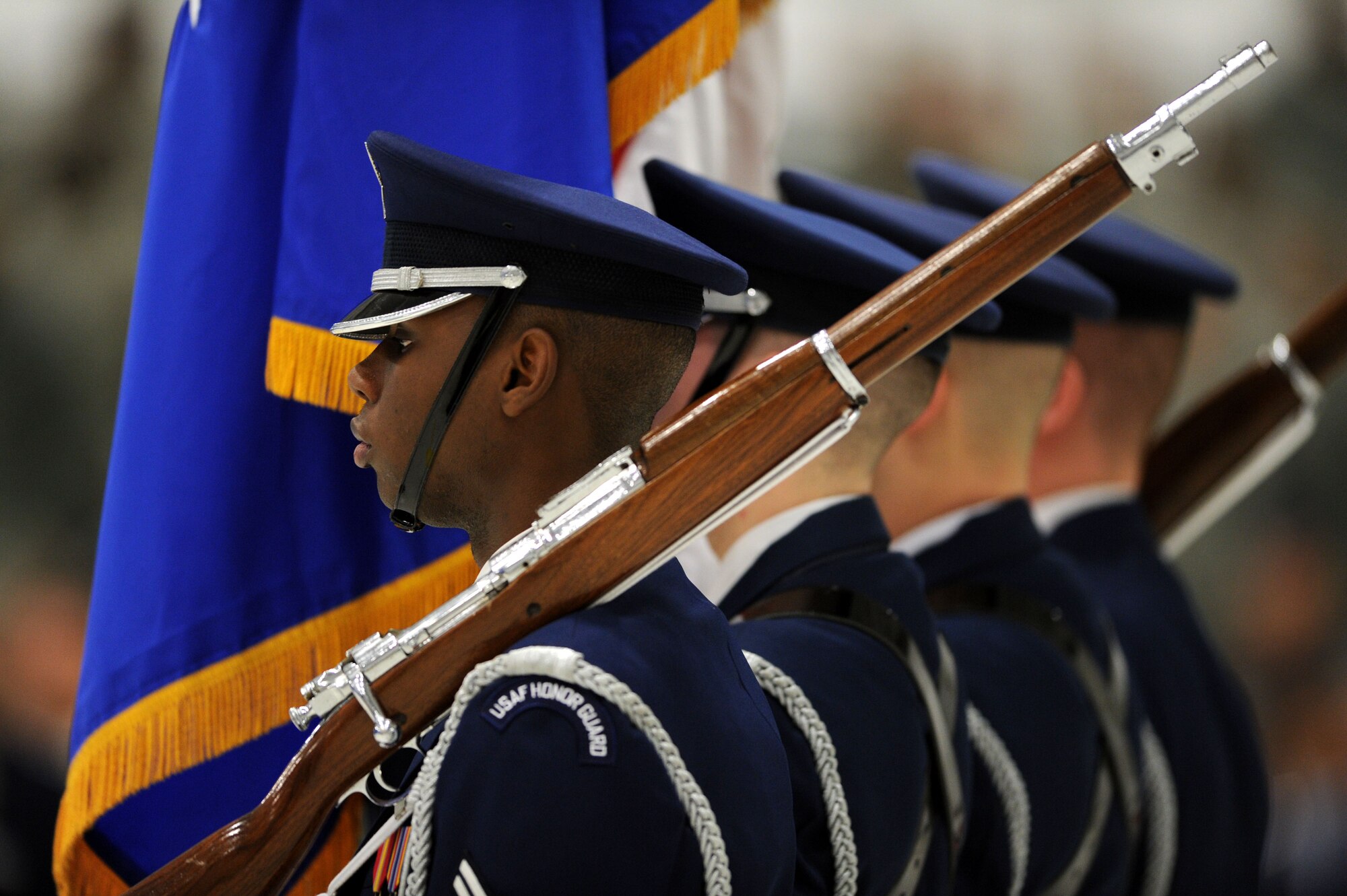 The U.S. Air Force Honor Guard color guardsmen stand posted during a Chief Master Sergeant of the Air Force Transition Ceremony on Joint Base Andrews, Md., on Jan. 24, 2013. The U.S. Air Force Band and Honor Guard honored the retiring Chief Master Sergeant of the Air Force James Roy and welcomed Chief Master Sergeant of the Air Force James Cody during the ceremony. (U.S. Air Force photo/ Senior Airman Bahja Joi Jones)