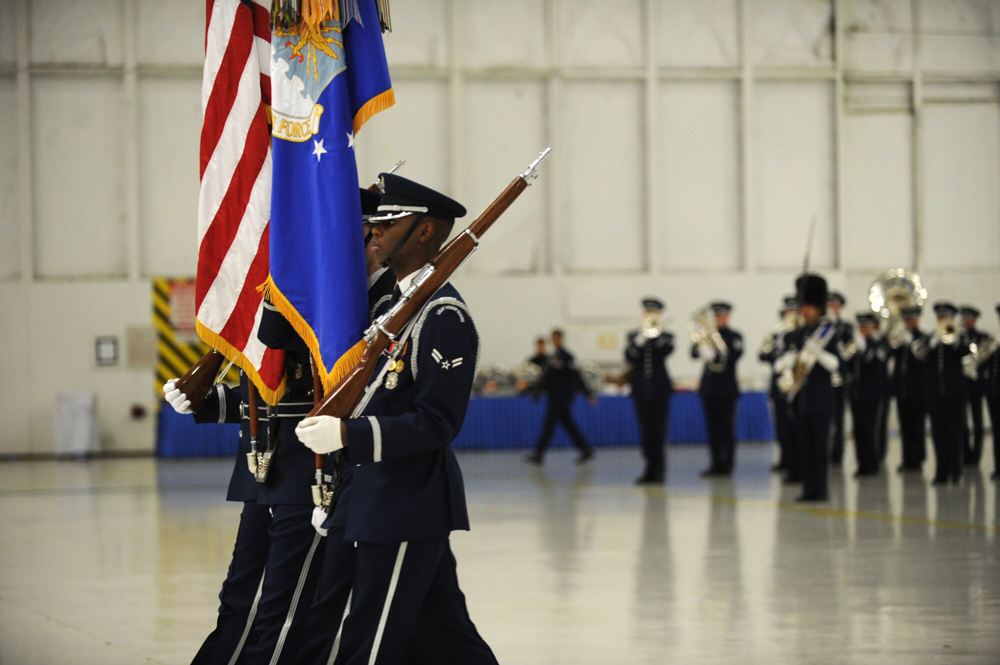 The U.S. Air Force Honor Guard color guardsmen march to their post during a Chief Master Sergeant of the Air Force Transition Ceremony on Joint Base Andrews, Md., on Jan. 24, 2013. The U.S. Air Force Band and Honor Guard honored the retiring Chief Master Sergeant of the Air Force James A. Roy and welcomed Chief Master Sergeant of the Air Force James A. Cody during the ceremony. (U.S. Air Force photo/ Senior Airman Bahja Joi Jones)