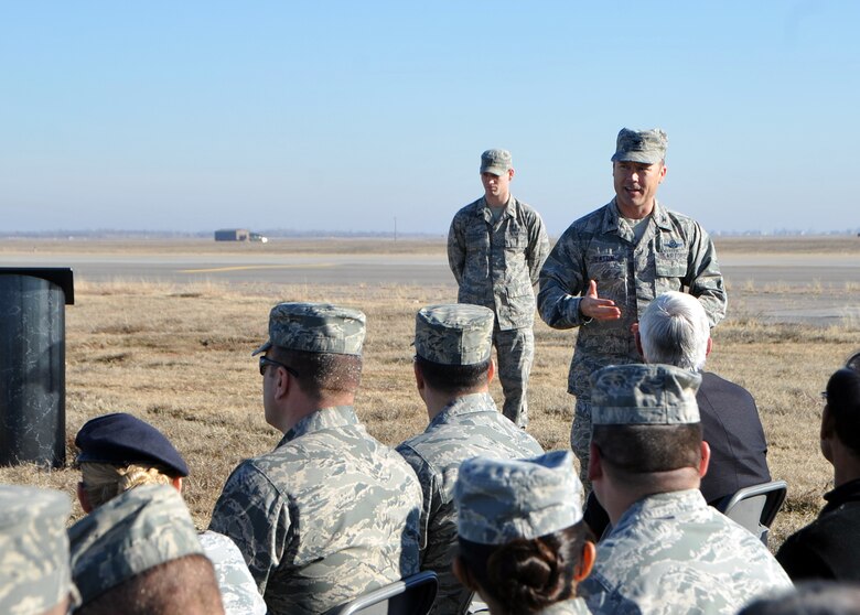 ALTUS AIR FORCE BASE, Okla. – Col. Casey Eaton, 97th Air Mobility Wing vice commander, speaks at the Jet Propellant 8 Fuel Transfer Line groundbreaking, Jan. 23. The groundbreaking was held to kick-off the reestablishment of a steel pipeline, which will connect the bulk fuel storage area to the tanker ramp providing a reliable and efficient way to refuel KC-135 Stratotankers. Eaton spoke about all of the work performed by Altus AFB and the U.S. Army Corps of Engineers to get to where they are now, reestablishing the fuel line for a more reliable and efficient transfer. (U.S. Air Force photo by Airman 1st Class Levin Boland / Released)