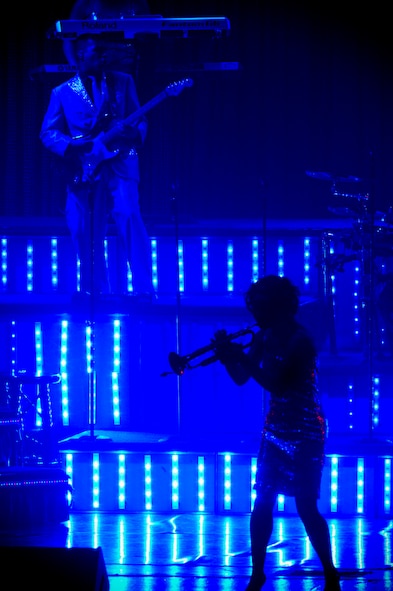 U.S. Air Force Airman 1st Class Jessica Pitts, Tops in Blues trumpet player, performs a solo for the opening of a song at the Mathis Auditorium in Valdosta, Ga., Jan. 18, 2012. The free show covered a variety of popular artists from many different eras in music. (U.S. Air Force photo by Staff Sgt. Joshua J. Garcia/Released)