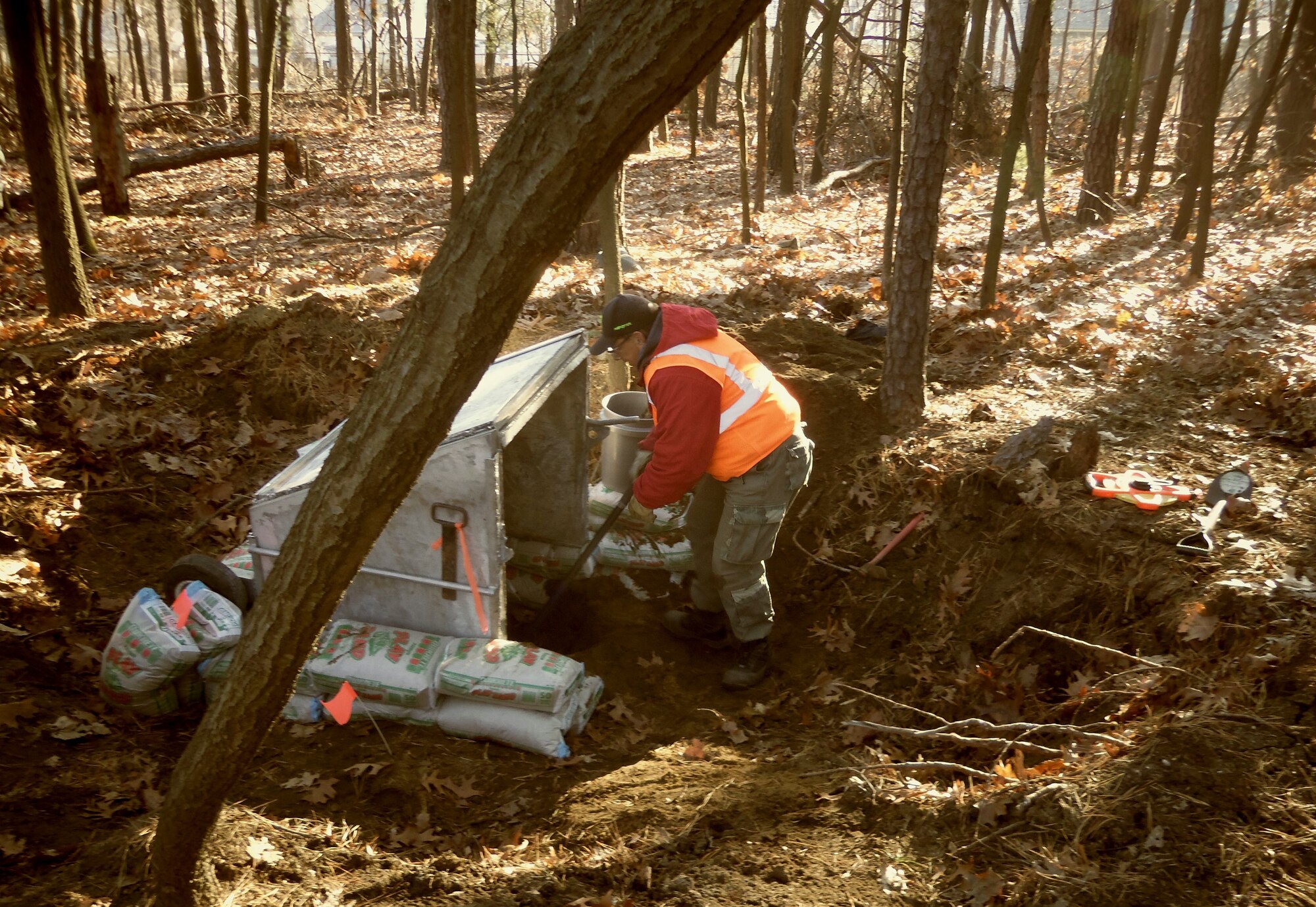 A miniature open-front barricade is set up around an 81 mm mortar found behind the Arthur MacArthur U.S. Army Reserve Center Dec. 14, 2012, in Springfield, Mass. The discovery was made during the second phase of a remedial investigation suspended in October 2011. (U.S. Army courtesy photo/Released)