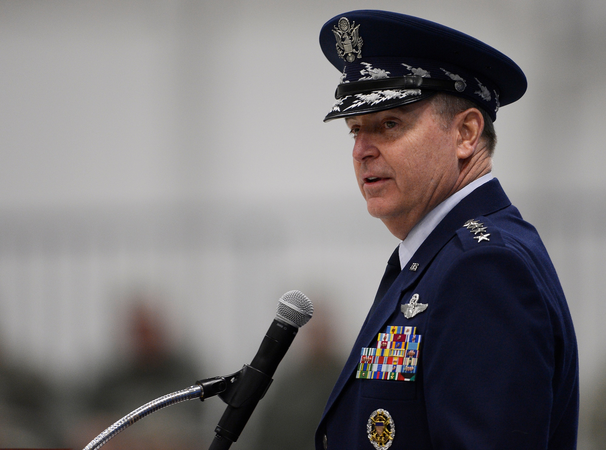 Air Force Chief of Staff Gen. Mark A. Welsh III expresses his thanks for the 30 years of service of Chief Master Sgt. of the Air Force James Roy during Roy's retirement ceremony on Joint Base Andrews, Md. on Jan. 24, 2013. Welsh also welcomed Chief Master Sgt. James Cody as he transitions into becoming the 17th Chief Master Sgt. of the Air Force. Roy, the 16th Chief Master Sgt. of the Air Force, is retiring after more than 30 years of service. (U.S. Air Force photo/Jim Varhegyi)