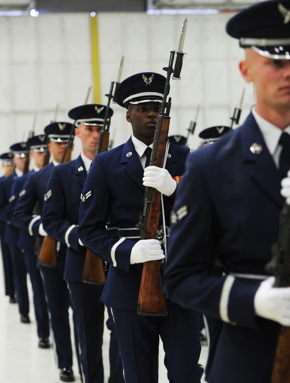 Members of the U.S. Air Force Honor Guard perform a pass and review for the 16th Chief Master Sergeant of the Air Force (CMSAF) James A. Roy at the CMSAF transition ceremony on Joint Base Andrews, Md., Jan. 24, 2013. CMSAF James A. Cody was appointed the position after Roy’s retirement. (U.S. Air Force photo/ Airman 1st Class Nesha Humes)(Released)
