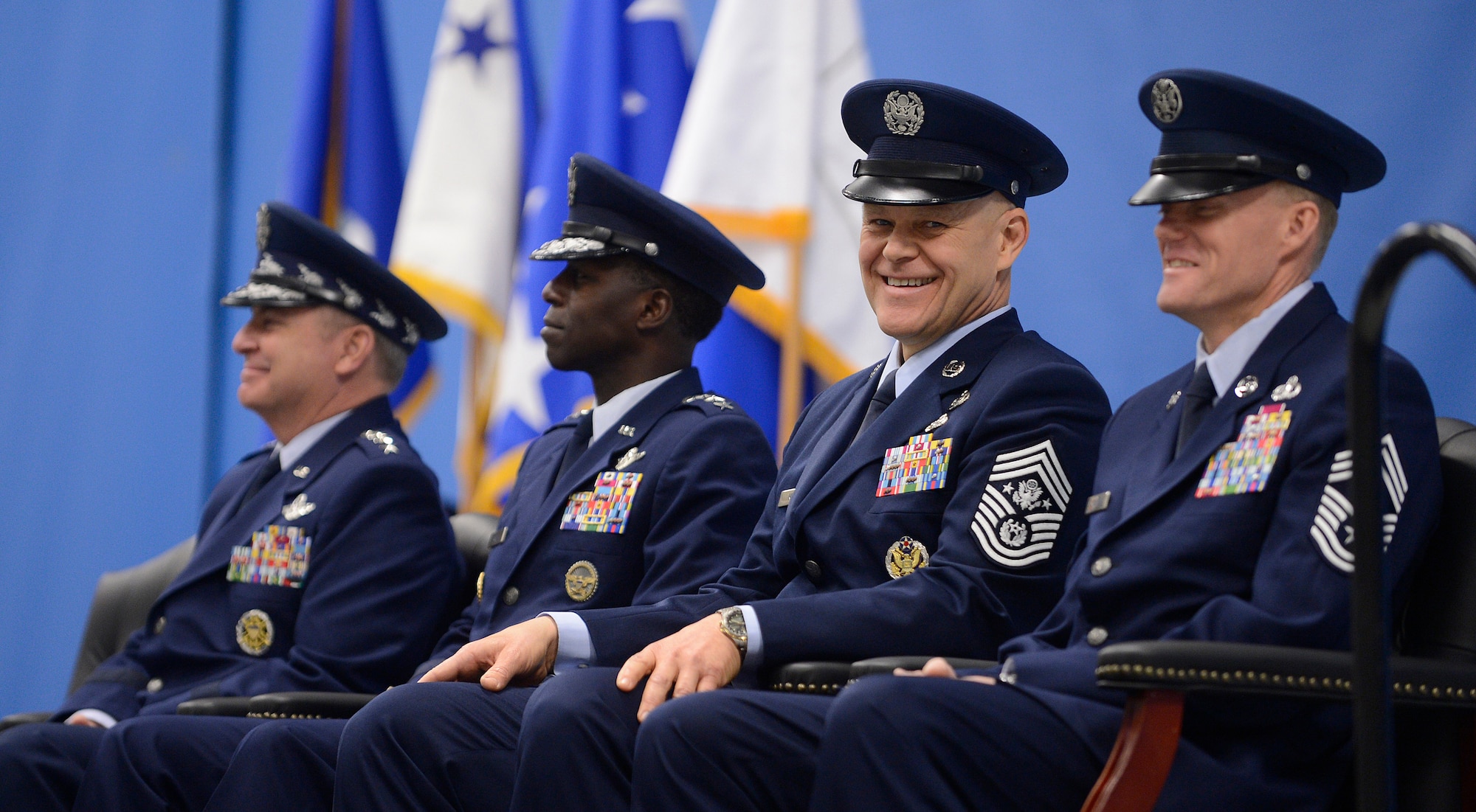 Chief of Staff of the Air Force Gen. Mark A. Welsh III, (left), Air Education and Training Command Commander Gen. Edward A. Rice Jr., Chief Master Sgt. of the Air Force James Roy and Chief Master Sgt. James Cody are center stage as hundreds of Airmen and distinguished visitors gathered at Joint Base Andrews, Md. on Jan. 24, 2013 to pay tribute to Roy during his retirement ceremony and to welcome Cody as the 17th Chief Master Sgt. of the Air Force. Roy is retiring after more than 30 years of service. (U.S. Air Force photo/Jim Varhegyi)