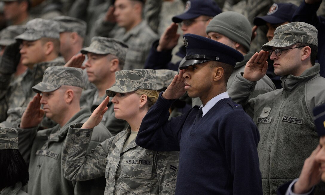 Hundreds of Airmen and distinguished visitors gathered at Joint Base Andrews, Md. on Jan. 24, 2013 to pay tribute to Chief Master Sgt. of the Air Force James Roy during his retirement ceremony and to welcome Chief Master Sgt. James Cody as he transitions into becoming the 17th Chief Master Sgt. of the Air Force. Roy, the 16th Chief Master Sgt. of the Air Force, is retiring after more than 30 years of service. (U.S. Air Force photo/Jim Varhegyi)