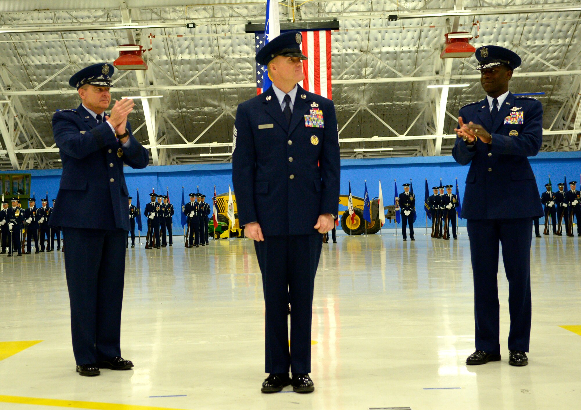 Air Force Chief of Staff Gen. Mark A. Welsh III, and Commander Air Education and Training Command Gen. Edward A. Rice Jr. congratulate newly appointed Chief Master Sgt. of the Air Force James Cody at the transition ceremony at Joint Base Andrews, Md., Jan. 24, 2013. (U.S. Air Force photo/Master Sgt. Cecilio Ricardo)