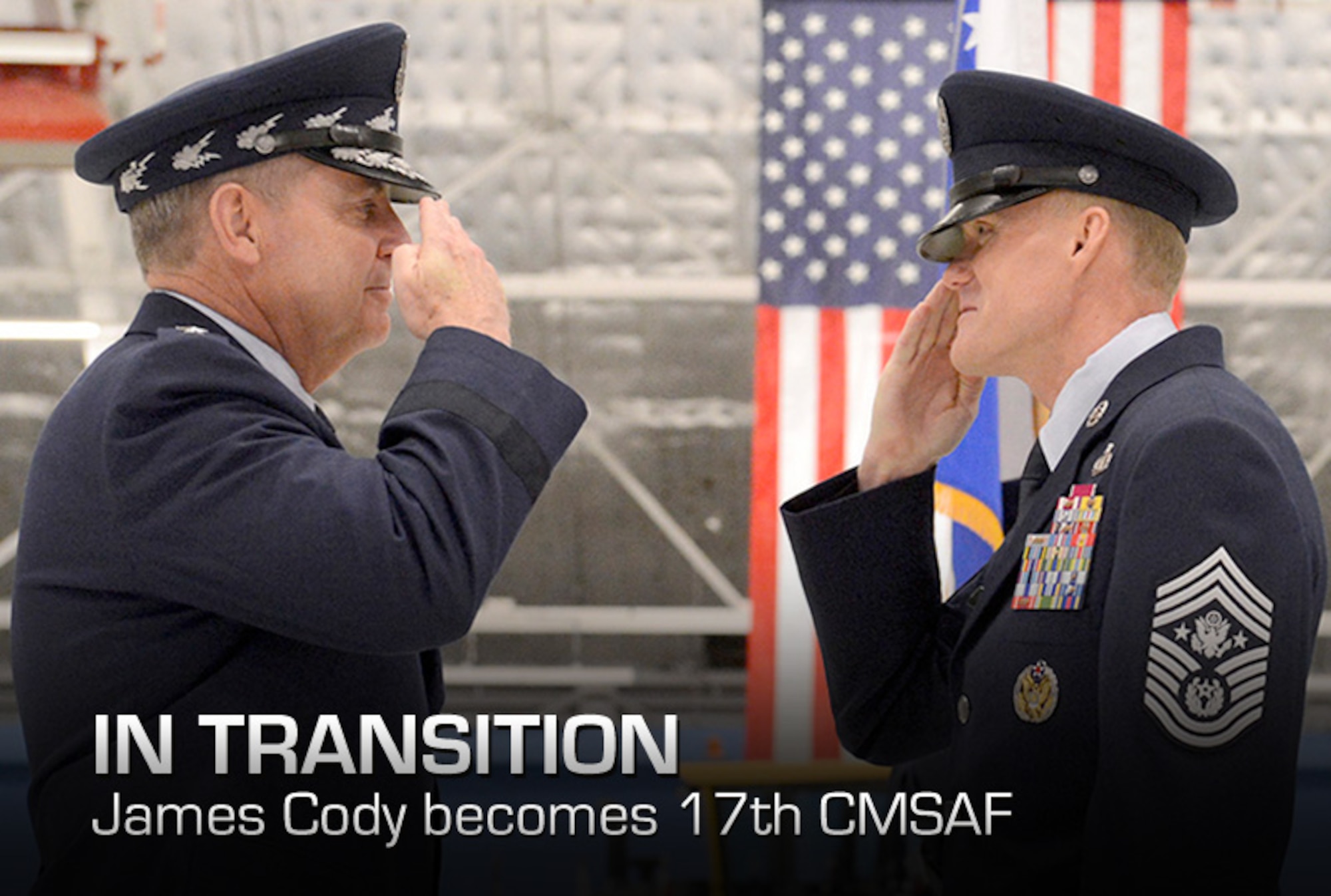 Air Force Chief of Staff Gen. Mark A. Welsh III, left, and Gen. Edward A. Rice Jr., the commander of Air Education and Training Command, congratulate the 17th Chief Master Sgt. of the Air Force James Cody during a transition ceremony at Joint Base Andrews, Md., on Jan. 24, 2013.  (U.S. Air Force photo/Scott M. Ash)
