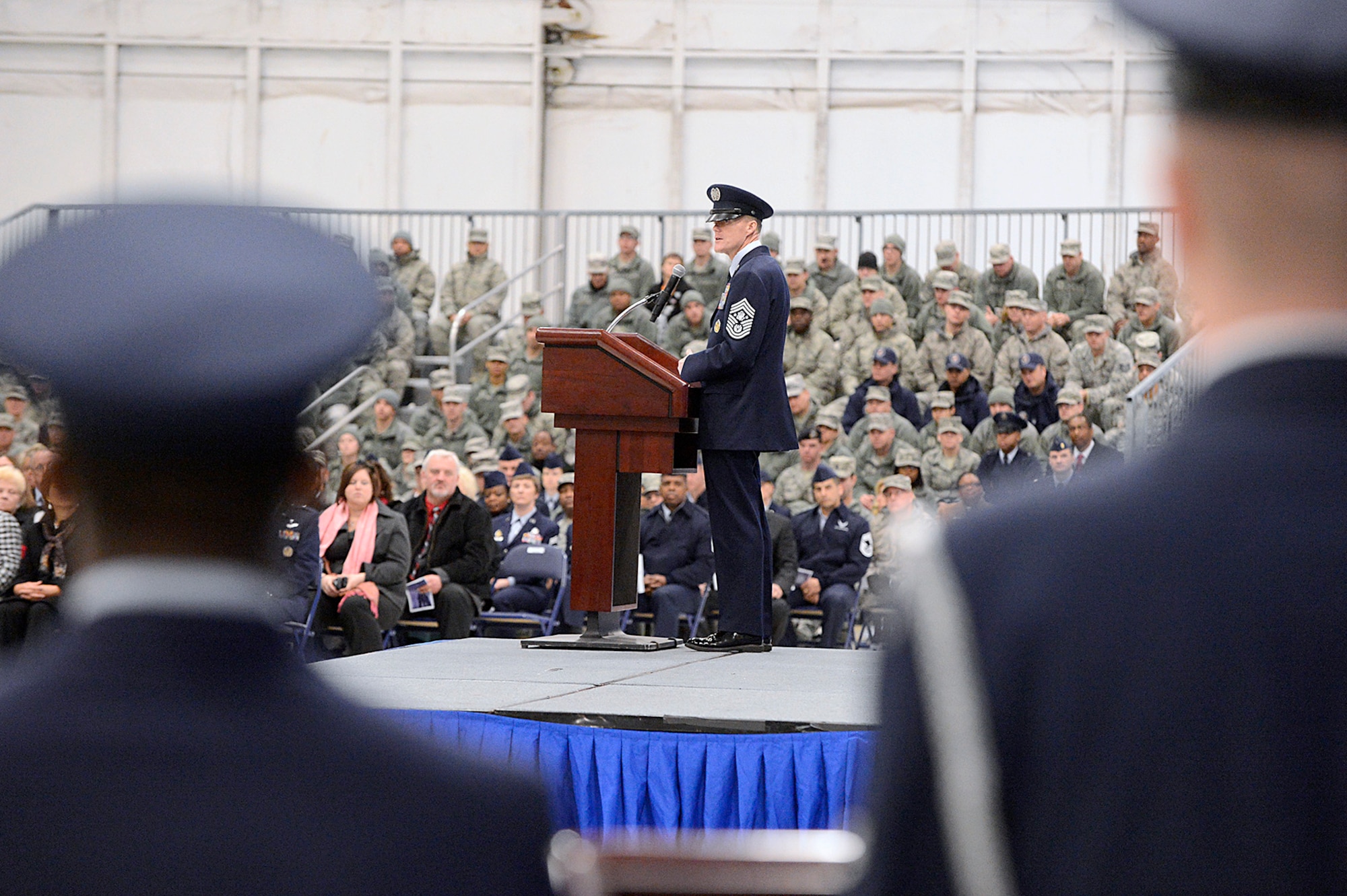 The 17th Chief Master Sgt. of the Air Force James Cody addresses the audience in attendance at assuming his new position at Joint Base Andrews, Md., on Jan 24, 2013.  Cody talked about looking forward to getting to the bases, meeting Airmen and working their challenges. (U.S. Air Force photo/Scott M. Ash)

