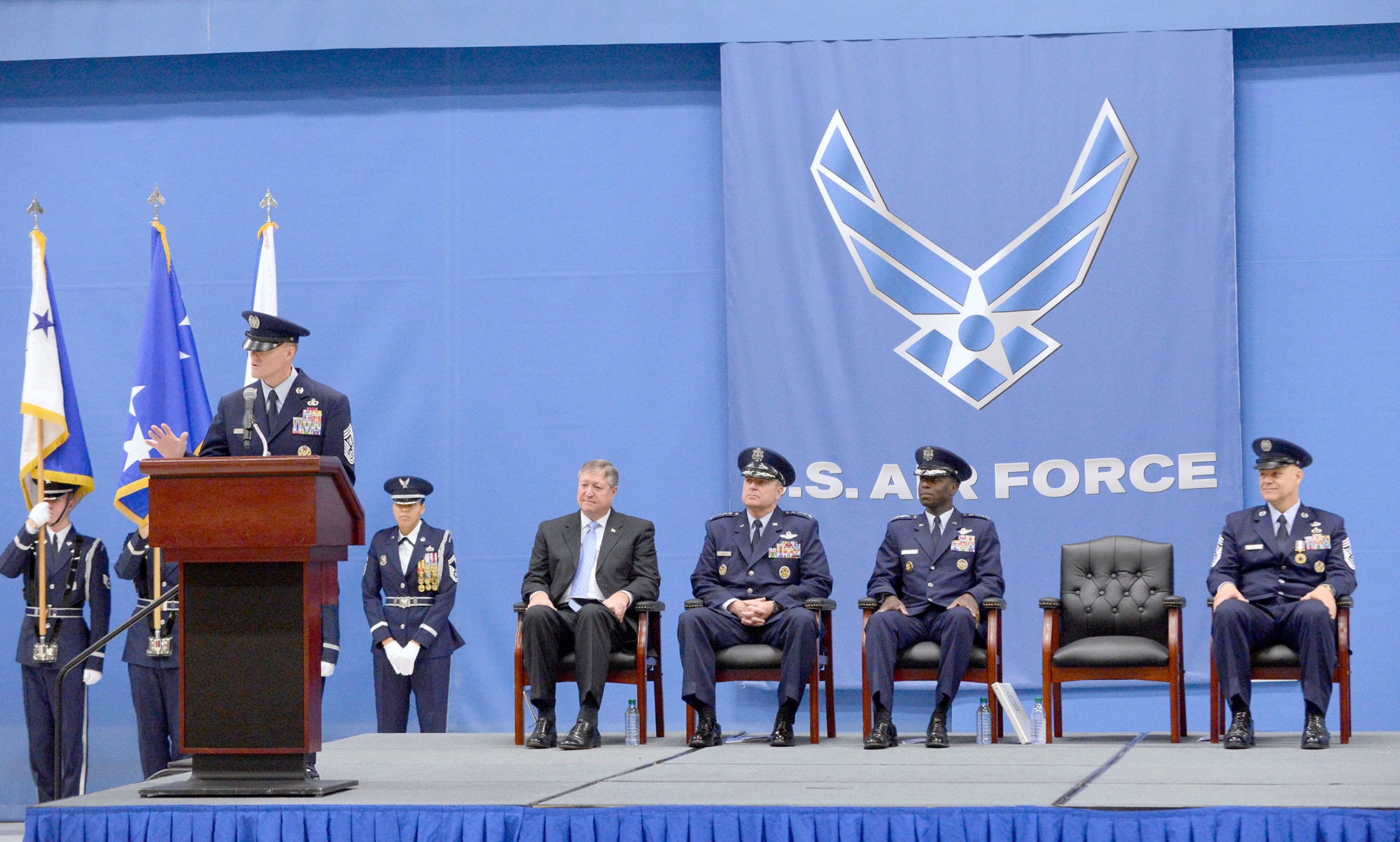 The 17th Chief Master Sgt. of the Air Force James Cody addresses the audience in attendance at assuming his new position at Joint Base Andrews, Md., on Jan 24, 2013.  Cody talked about looking forward to getting to the bases, meeting Airmen and working their challenges. (U.S. Air Force photo/Scott M. Ash)