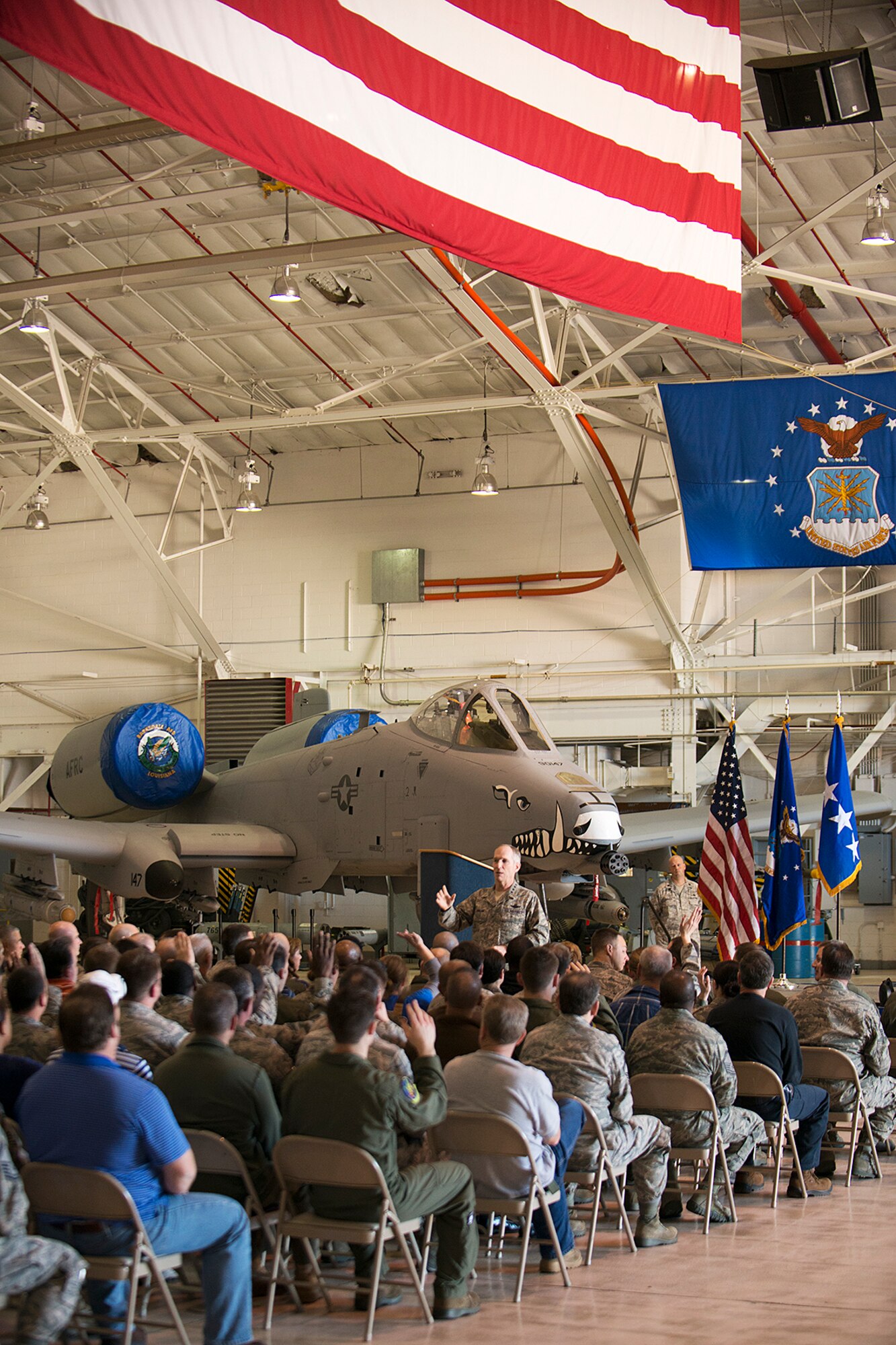 U.S. Air Force Gen. Michael Hostage, Air Combat Command commander, takes questions from members of the 917th Fighter Group (FG) during a briefing on Jan. 23, 2013, Barksdale Air Force Base, La. Hostage visited the FG to talk about the impending budgets cuts to the military. (U.S. Air Force photo by Master Sgt. Greg Steele/Released)