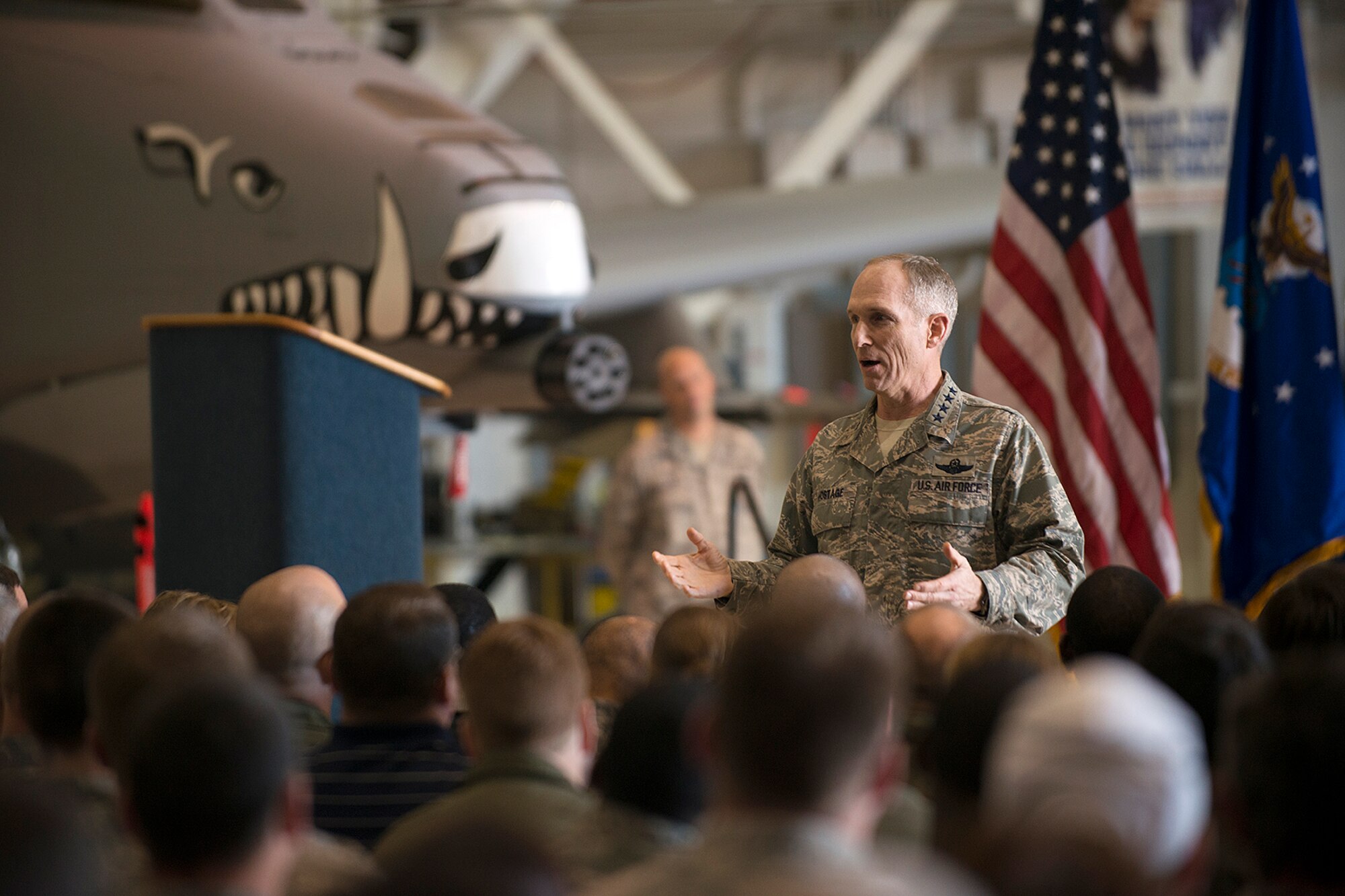U.S. Air Force Gen. Michael Hostage, Air Combat Command (ACC) commander, talks to members of the 917th Fighter Group (FG), Jan. 23, 2013, Barksdale Air Force Base, La. Hostage visited the FG during his tour of ACC units; discussing the changing mission focus of the Air Force and the impending budget cuts to the military. (U.S. Air Force photo by Master Sgt. Greg Steele/Released)