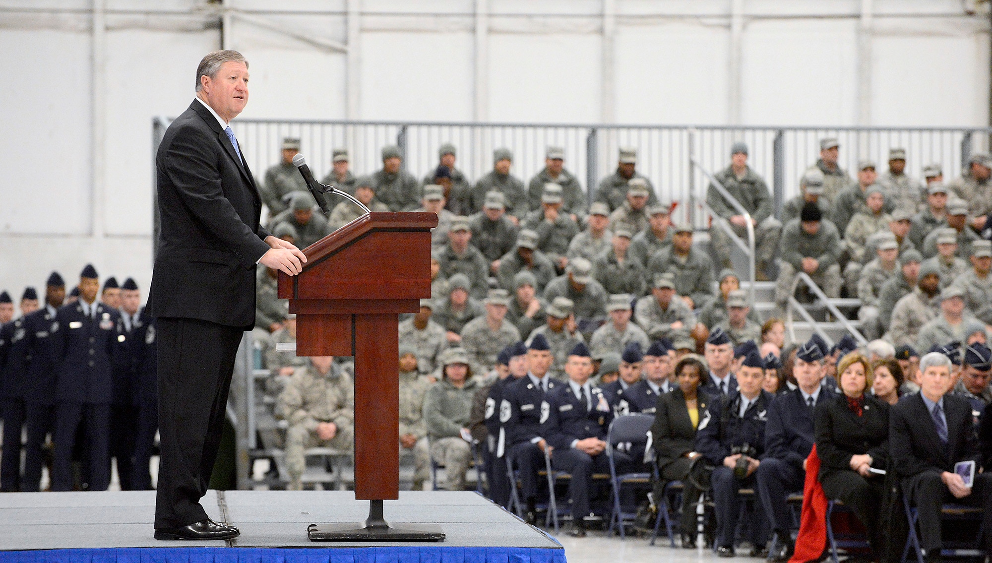 Secretary of the Air Force Michael Donley expresses his thanks to Chief Master Sgt. of the Air Force James Roy upon his retirement and welcomes new Chief Master Sgt. of the Air Force James Cody during a transition ceremony at Joint Base Andrews, Md., Jan 24, 2013.  (U.S. Air Force photo/Scott M. Ash)