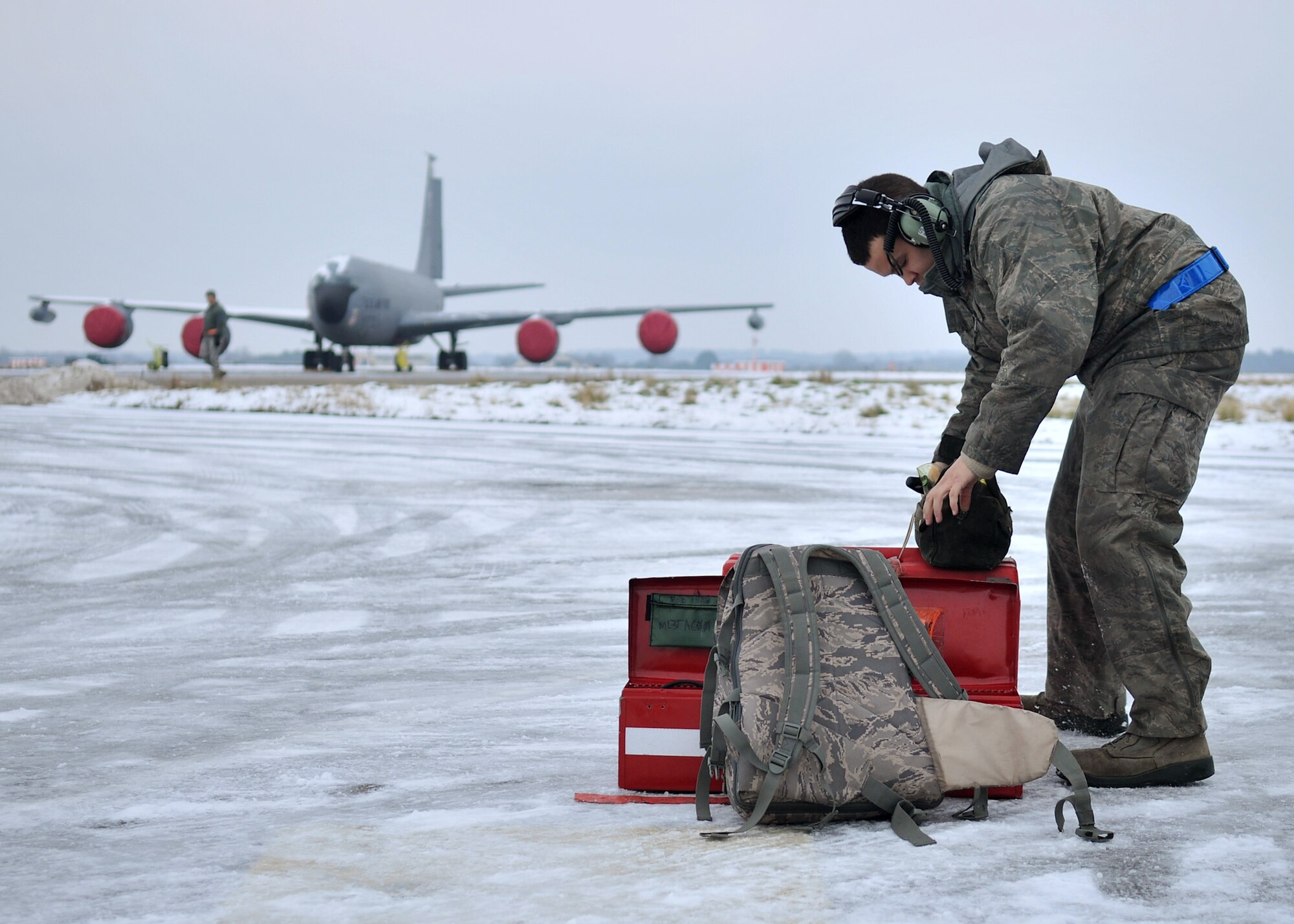 Senior Airman Spencer Lujan, 100th Aircraft Maintenance Squadron crew chief from St. Peters, Mo., inventories his tool box on the flightline Jan. 23, 2013, at RAF Mildenhall, England. Tool box inventories are completed prior to and upon completion of a job to ensure all equipment is accounted for and flightline safety is maintained. (U.S. Air Force photo by Senior Airman Jerilyn Quintanilla/Released) 