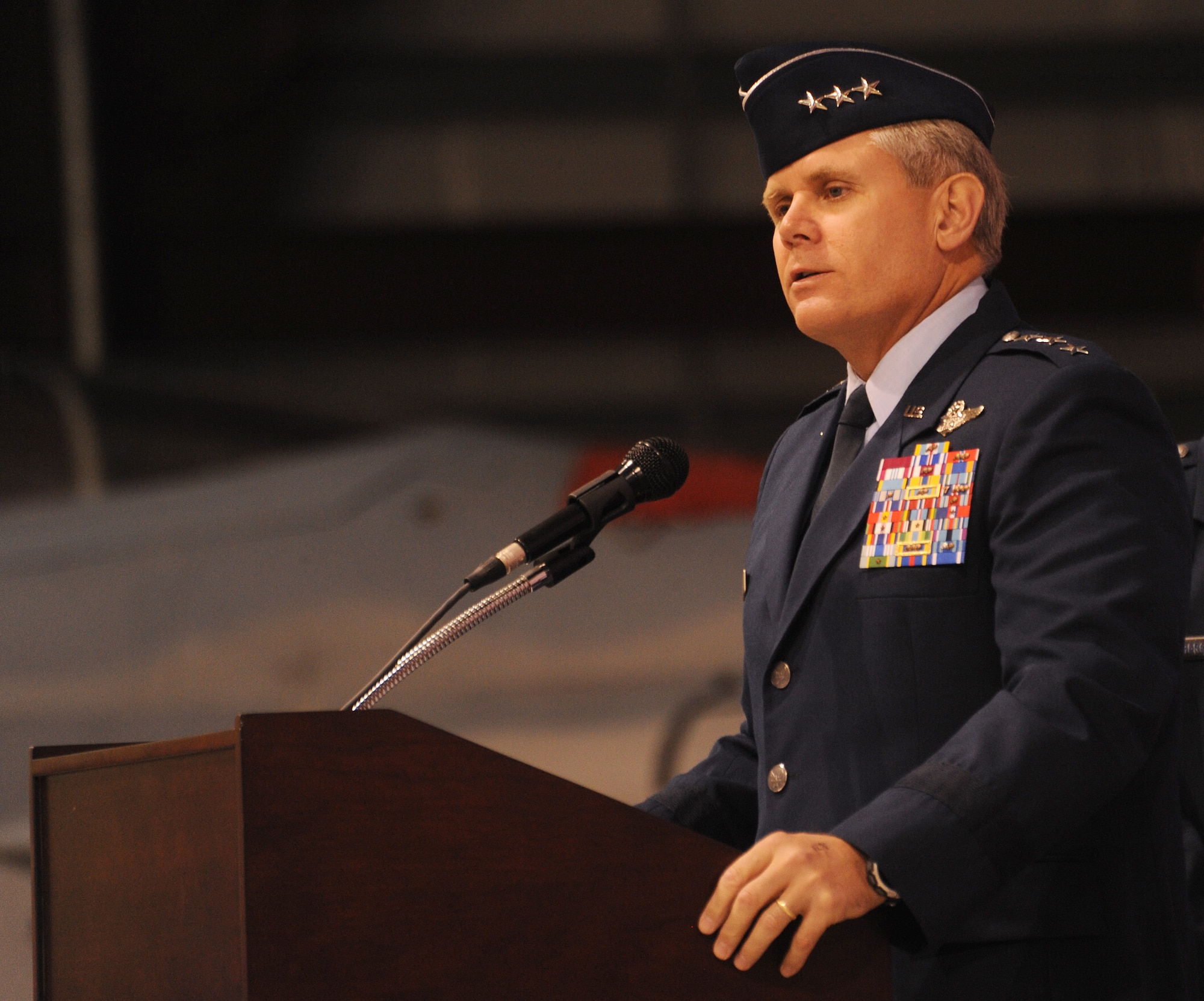U.S. Air Force Lt. Gen. Eric E. Fiel, commander of Air Force Special Operations Command, speaks during an award ceremony held at the Portland Air National Guard Base, Portland, Ore., Jan. 23.  The event honored Airmen from the unit with five Bronze Star Medals and one Purple Heart medal.  The Airmen earned the medals during recent deployments to the Middle East. Fiel flew in from AFSOC headquarters at Hulburt Field, Fla., for the ceremony. (Oregon Air National Guard photo by Tech. Sgt. John Hughel, 142nd Fighter Wing Public Affairs/Released)