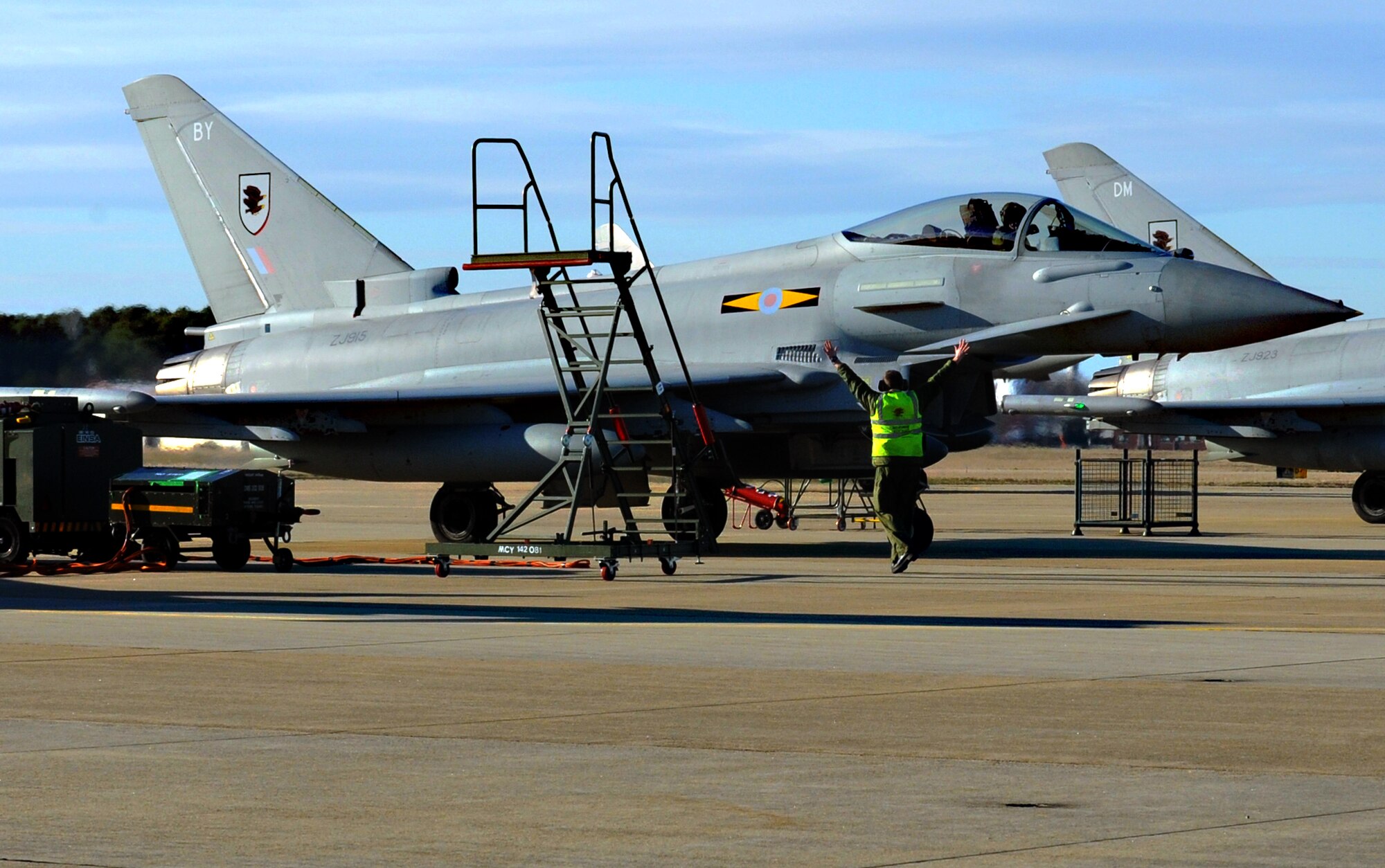 A British Royal Air Force Typhoon FGR4 sits on the flightline at Langley Air Force Base, Va., Jan. 23, 2013. Approximately 200 British airmen from XI Squadron RAF have joined forces with the 1st Fighter Wing in the first integration efforts of the F-22 Raptor and the Typhoon. (U.S. Air Force photo by Airman 1st Class Victoria Taylor/Released)