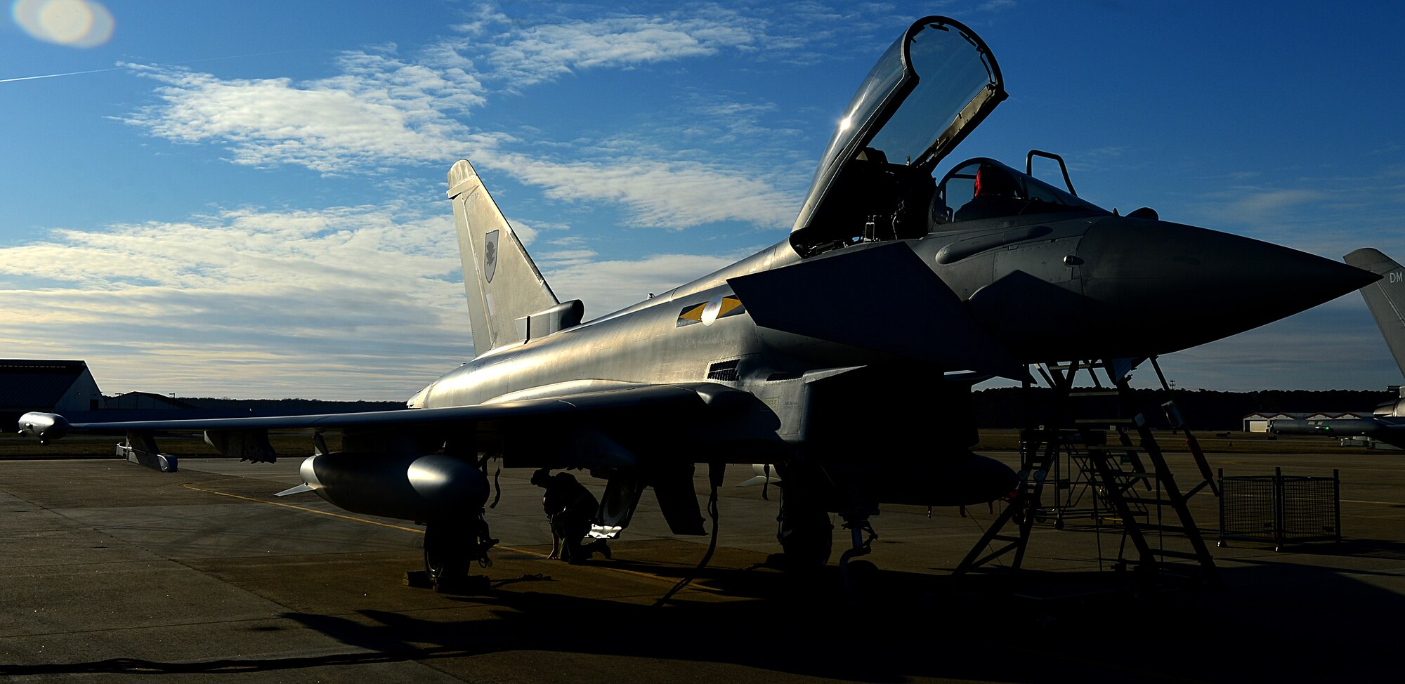 A British Royal Air Force Typhoon FGR4 sits on the flightline at Langley Air Force Base, Va., Jan. 23, 2013. Approximately 200 British airmen from XI Squadron RAF have joined forces with the 1st Fighter Wing in the first integration efforts of the F-22 Raptor and the Typhoon. (U.S. Air Force photo by Senior Airman Kayla Newman/Released)