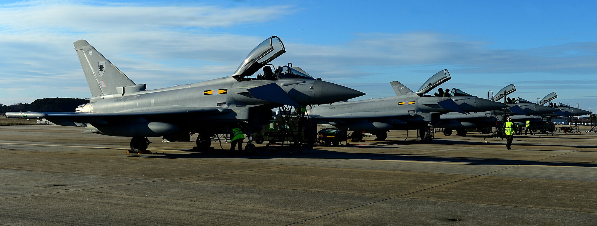 A row of British Royal Air Force Typhoon FGR4s sit on the flightline at Langley Air Force Base, Va., Jan. 23, 2013. British and American units will participate in Exercise Western Zephyr, testing the capabilities and tactics of both the F-22 Raptor and Typhoon. (U.S. Air Force photo by Senior Airman Kayla Newman/Released)