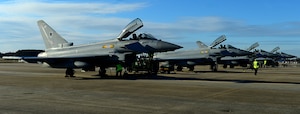 A row of British Royal Air Force Typhoon FGR4s sit on the flightline at Langley Air Force Base, Va., Jan. 23, 2013. British and American units will participate in Exercise Western Zephyr, testing the capabilities and tactics of both the F-22 Raptor and Typhoon. (U.S. Air Force photo by Senior Airman Kayla Newman/Released)