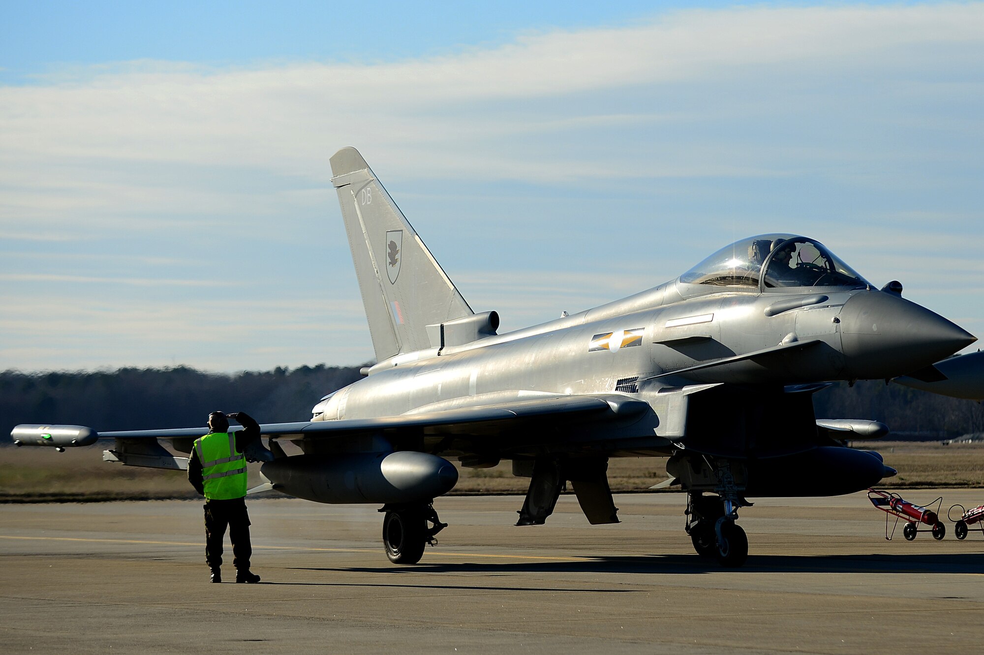 A British Royal Air Force Typhoon FGR4 prepares to taxi on the flightline at Langley Air Force Base, Va., Jan. 23, 2013. Approximately 200 British airmen from XI Squadron RAF have joined forces with the 1st Fighter Wing in the first integration efforts of the F-22 Raptor and the Typhoon. (U.S. Air Force photo by Senior Airman Kayla Newman/Released)