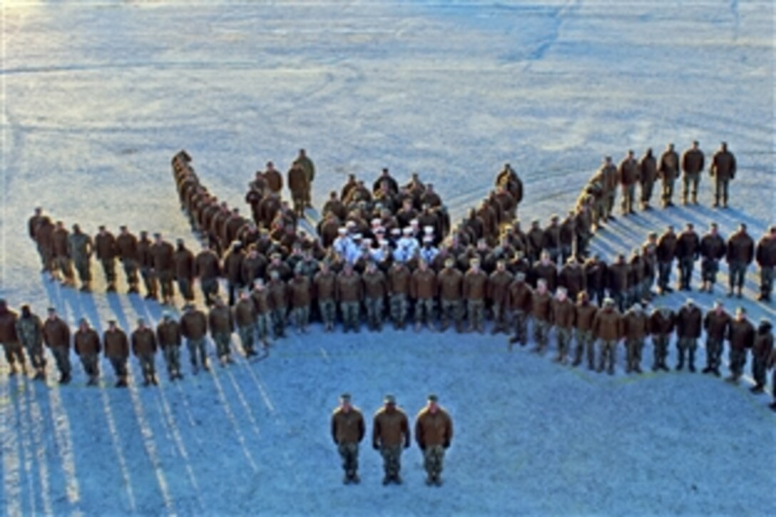 Sailors form an octopus similar to one on their command logo in Williamsburg, Va., Jan. 23, 2013. The sailors are assigned to Navy Cargo Handling Battalion 1, Navy Expeditionary Logistics Support Group. The unit is the active duty battalion for the naval support group, which delivers expeditionary logistics capabilities with mobilization-ready active duty and Navy Reserve sailors.