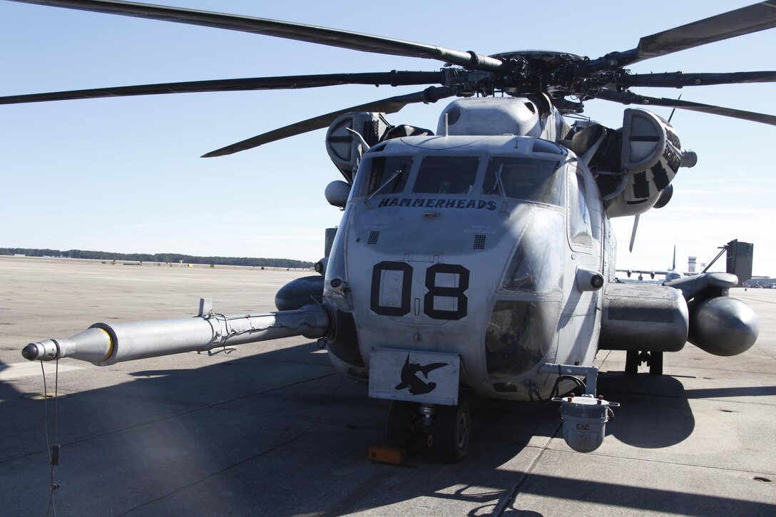 A CH-53E Super Stallion sits parked on the flight line at Marine Corps Air Station Cherry Point, N.C., Jan. 22. Super Stallions are equipped with forward looking infrared sensors and their pilots use night vision goggles in order to fly in low light conditions. To fly in these dangerous conditions, a pilot must be specially trained and certified. 