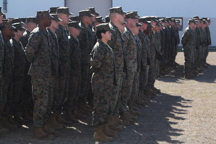 Marines with 2nd Maintenance Battalion, Combat Logistics Regiment 25, 2nd Marine Logistics Group stand in formation as Maj. Gen. Raymond C. Fox, the commanding general of II Marine Expeditionary Force, presents the Chesty Puller Award in recognition of outstanding leadership during a ceremony aboard Camp Lejeune, N.C., Jan. 23, 2013. The unit completed approximately 1,600 repair orders and maintained an average maintenance readiness rating of 96 percent. 