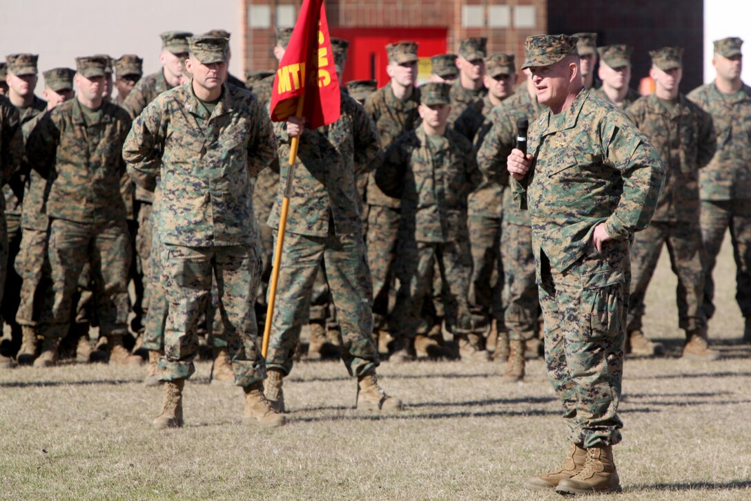 Maj. Gen. Raymond C. Fox (right), the commanding general of II Marine Expeditionary Force, speaks to Marines with 2nd Maintenance Battalion, Combat Logistics Regiment 25, 2nd Marine Logistics Group about the great leadership the battalion has during a ceremony aboard Camp Lejeune, N.C., Jan. 23, 2013. The Chesty Puller Award recognizes units that display uncanny force preservation and superior performance both on and off duty.