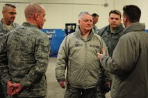 MINOT AIR FORCE BASE, N.D. -- Maj. Gen. Michael Carey, 20th Air Force commander, speaks with members of the 5th Logistics Readiness Squadron during a recent visit with the 5th Bomb Wing and the 91st Missile Wing here, Jan. 24. Twentieth Air Force is responsible for maintaining and operating the Air Force's ICBM force. Designated as U.S. Strategic Command's Task Force 214, 20th AF provides on-alert; combat ready ICBMs to the President of the United States. (U.S. Air Force photo/Airman 1st Class Kristoffer Kaubisch)