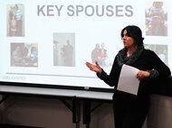 MINOT AIR FORCE BASE, N.D. -- Melody Carey, spouse of Maj. Gen. Michael Carey, 20th Air Force commander, speaks about the key spouses program during a recent visit with the 5th Bomb Wing and the 91st Missile here, Jan. 24. Twentieth Air Force is responsible for maintaining and operating the Air Force's ICBM force. Designated as U.S. Strategic Command's Task Force 214, 20th AF provides on-alert; combat ready ICBMs to the President of the United States. (U.S. Air Force photo/Airman 1st Class Kristoffer Kaubisch)