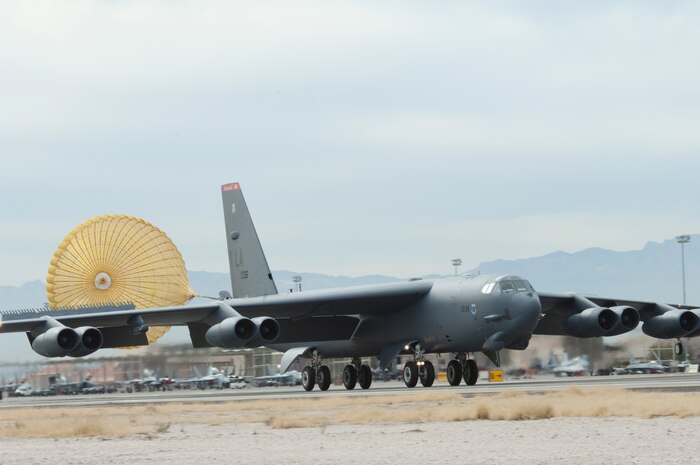 A B-52 Stratofortress from Barksdale Air Force Base, La., deploys its parachute as it lands at Nellis Air Force Base, Nev., during Red Flag 13-2 Jan. 24, 2013. Red Flag is a realistic combat training exercise involving the air forces of the United States and its allies. (U.S. Air Force photo by Caitlin Kenney)