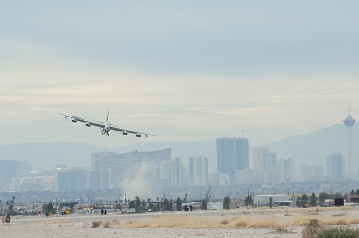 A B-52 Stratofortress from Barksdale Air Force Base, La., banks towards approaches the Nellis flight line for a landing during  Red Flag 13-2 Jan. 24, 2013. The Red Flag exercise provides allied air forces the opportunity to train air-to-air combat operations on the Nevada Test and Training Range north of Las Vegas. (U.S. Air Force photo by Caitlin Kenney)