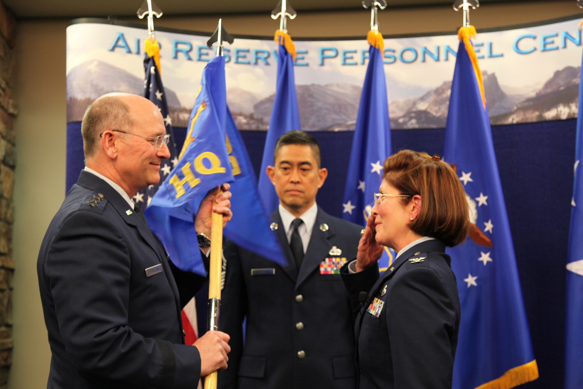 Lt. Gen. James “JJ” Jackson, chief of the Air Force Reserve and commander of the Air Force Reserve Command, receives a salute from outgoing Air Reserve Personnel Center commander, Col. Patricia S. Blassie, as Chief Master Sgt. Brian Wong, ARPC command chief, looks on during a change of command ceremony held Jan. 25, 2013, on Buckley Air Force Base, Colo. Colonel Blassie will serve at the Air Force Reserve Command as the chief of the Professional Development Center. Incoming commander, Brig. Gen. John C. Flournoy, Jr., assumed command of the center. General Flournoy was the 349th Air Mobility Wing Commander at Travis AFB, Calif. (U.S. Air Force photo by Tech. Sgt. Rob Hazelett)