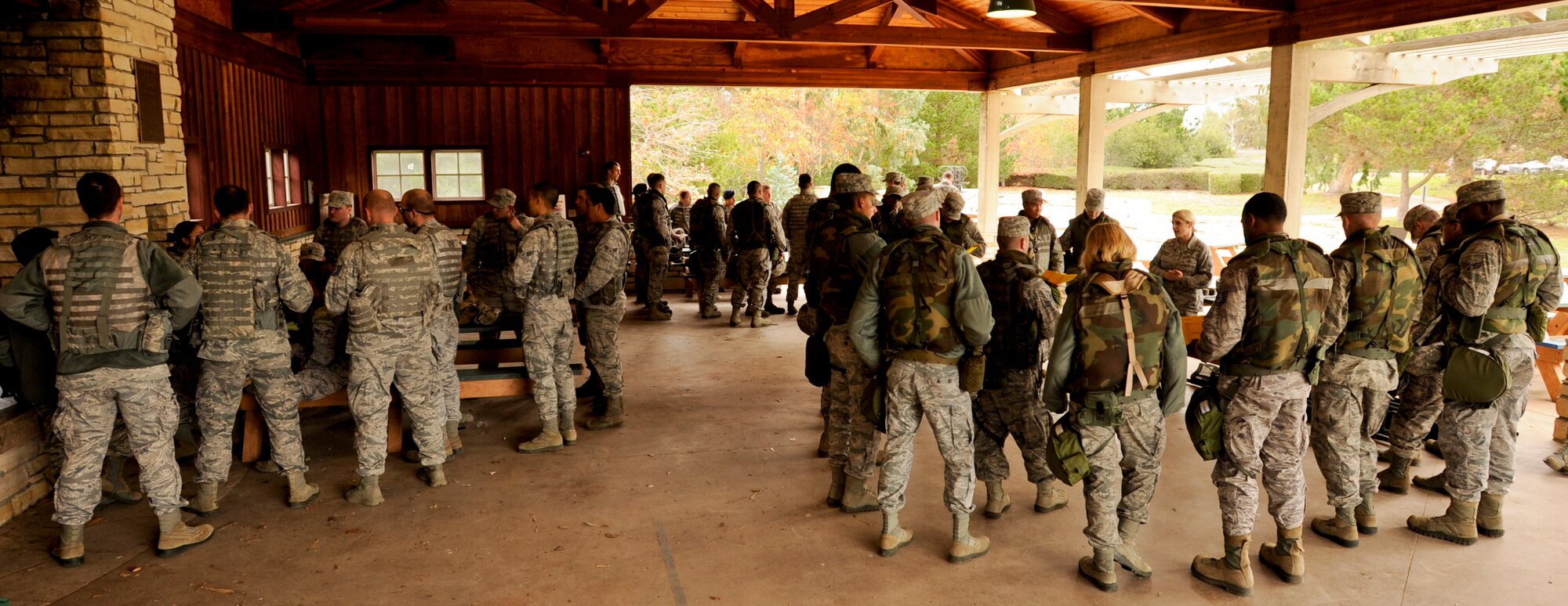 VANDENBERG AIR FORCE BASE, Calif. -- All dressed up and ready for training. Team V dons flak jackets, canteens, helmets, Airmen’s Manuals and M-16 rifles to train for the next Northstar exercise at Cocheo Park here Thursday, Jan. 24, 2013. Northstar exercises provide Vandenberg Airmen the opportunity to test their combat readiness skills in a simulated deployed environment. (U.S. Air Force photo/Airman Yvonne Morales)