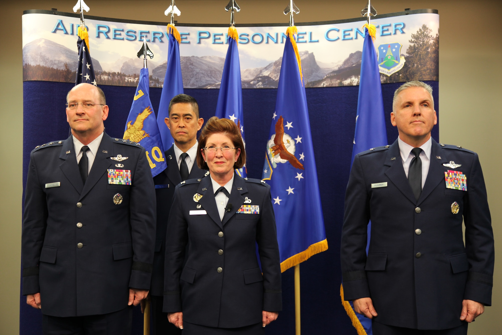 Lt. Gen. James “JJ” Jackson, chief of the Air Force Reserve and commander of the Air Force Reserve Command, Chief Master Sgt. Brian Wong, Air Reserve Personnel Center command chief, Col. Patricia S. Blassie, outgoing commander, and Brig. Gen. John C. Flournoy, Jr., ARPC commander prepare for the change of command ceremony held Jan. 25, 2013, on Buckley Air Force Base, Colo. General Flournoy, who was the 349th Air Mobility Wing Commander at Travis AFB, Calif., before assuming command of ARPC, assumed command of the center from colonel Blassie, who left the center to serve at the Air Force Reserve Command as the chief of the Professional Development Center. (U.S. Air Force photo/Tech. Sgt. Rob Hazelett)