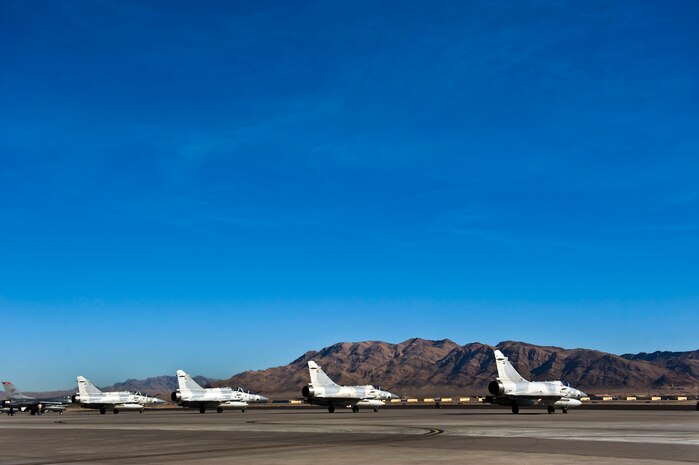 A four-ship of United Arab Emirates Air Force Mirage 2000-9s prepare to depart for a training mission during Red Flag 13-2, Jan. 22, 2013, at Nellis Air Force Base, Nev. The Mirage 2000 is a French multirole, single-engine fourth-generation jet fighter. (U.S. Air Force photo/Senior Airman Brett Clashman)