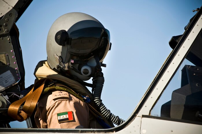 A United Arab Emirates Air Force pilot performs pre-flight checks in a Mirage 2000-9 during Red Flag 13-2, Jan. 22, 2013, at Nellis Air Force Base, Nev. The UAE Air Force Mirage 2000-9 will participate in Red Flag 13-2 from Jan. 21 through Feb. 1, 2013. (U.S. Air Force photo/Senior Airman Brett Clashman)
