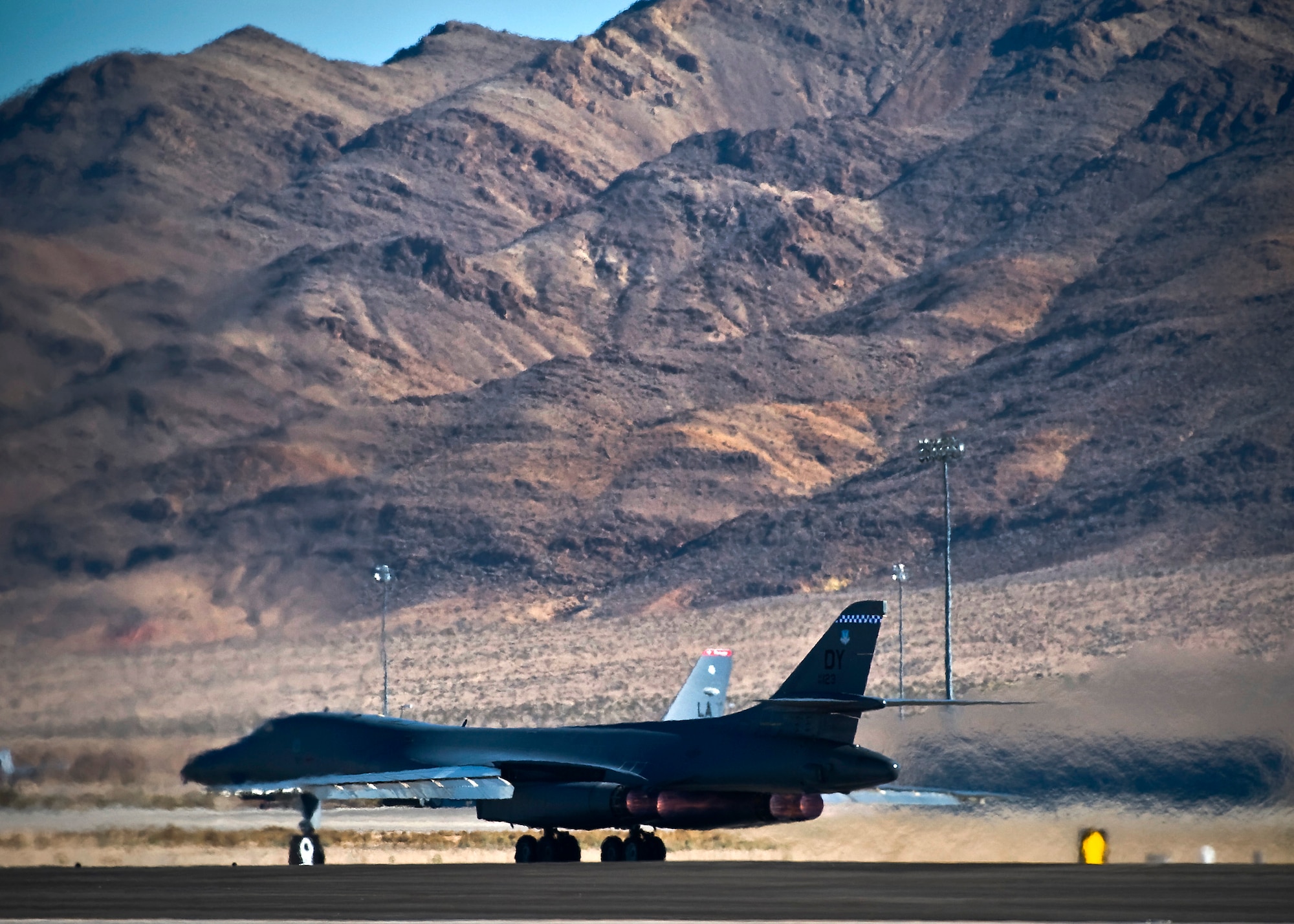 A U.S. Air Force B-1B Lancer assigned to Dyess Air Force Base, Texas, departs for a training mission over the Nevada Test and Training Range during Red Flag 13-2, Jan. 22, 2013, at Nellis Air Force Base, Nev. The exercise is hosted north of Las Vegas on the Nevada Test and Training Range. (U.S. Air Force photo/Senior Airman Brett Clashman)