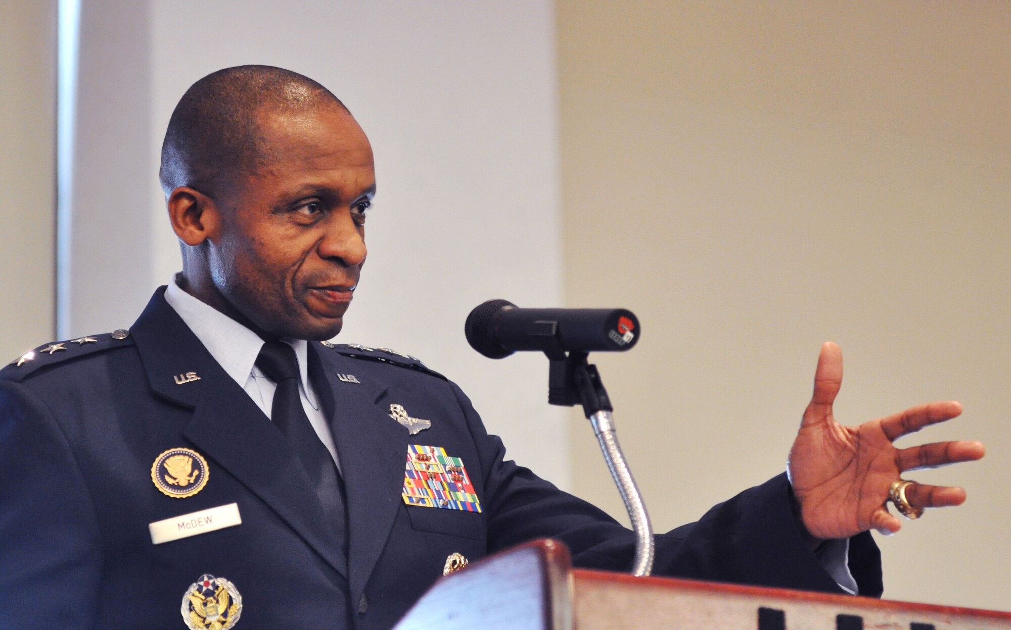 Lt. Gen. Darren McDew, 18th Air Force commander, speaks during the annual Dr. Martin Luther King Jr. luncheon on Jan. 15 at Scott Air Force Base, Ill. (U.S. Air Force photo/ Airman 1st Class Joshual Eikren)