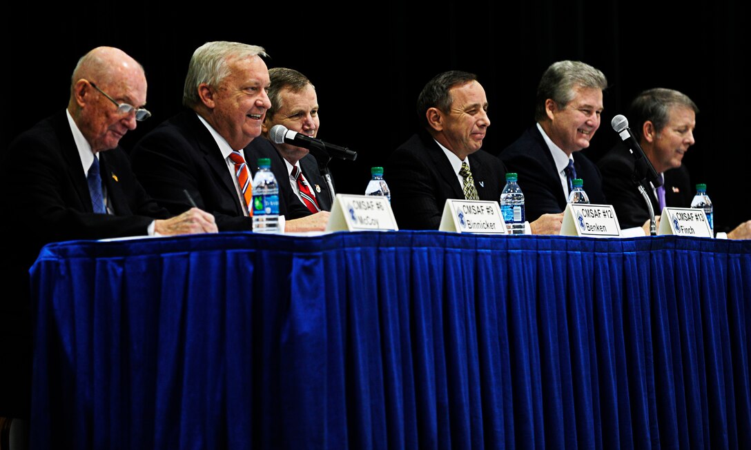 Chief Master Sergeant of the Air Force #9 James C. Binnicker, and five other former CMSAF, speak to Airmen during an all call at Joint Base Andrews, Md.,  Jan. 24, 2013. The CMSAFs spoke candidly about their time in the Air Force and the obstacles they had to overcome.  (U.S. Air Force photo/Senior Airman Lauren Main)