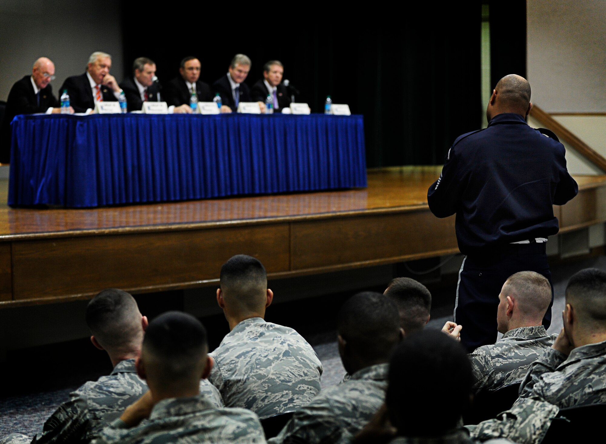 Six former Chief Master Sergeants of the Air Force visit Joint Base Andrews, Md., to speak to Airmen during an all call, Jan. 24, 2013. The CMSAFs opened up the floor and gave Airmen a chance to ask candid questions about their careers, opinions and thoughts on the current day Air Force. (U.S. Air Force photo/Senior Airman Lauren Main)