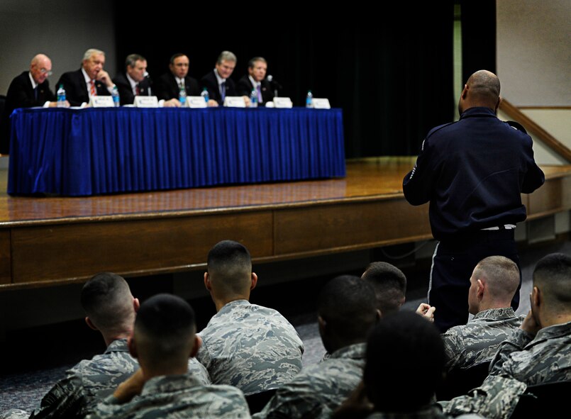 Six former Chief Master Sergeants of the Air Force visit Joint Base Andrews, Md., to speak to Airmen during an all call, Jan. 24, 2013. The CMSAFs opened up the floor and gave Airmen a chance to ask candid questions about their careers, opinions and thoughts on the current day Air Force. (U.S. Air Force photo/Senior Airman Lauren Main)