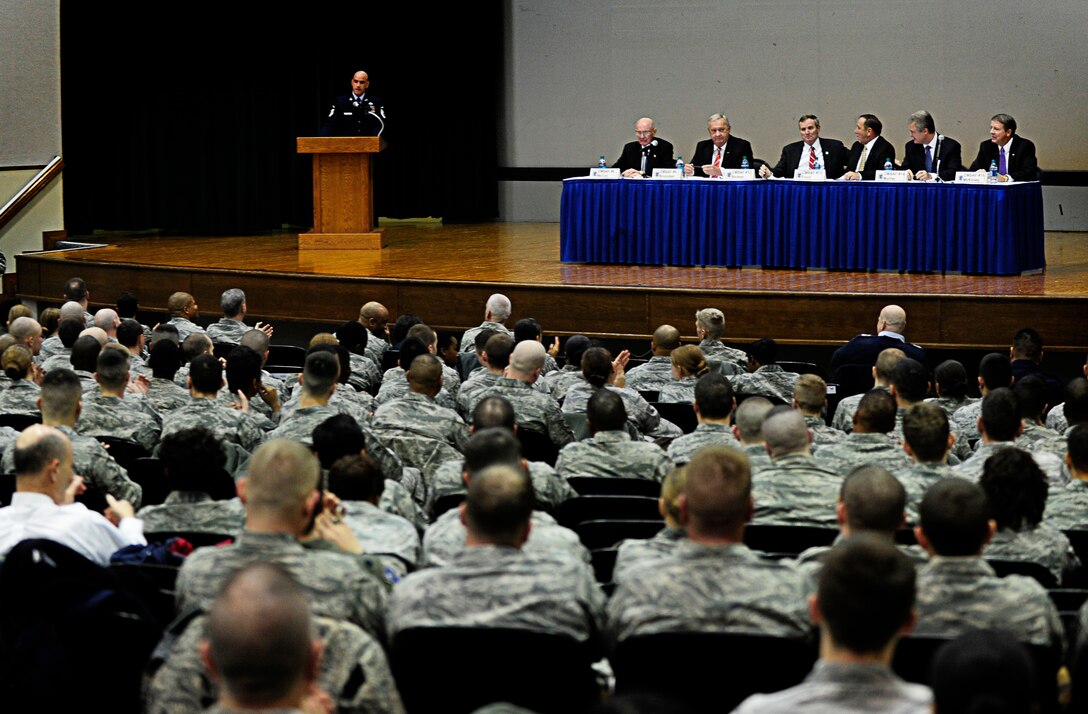 Six former Chief Master Sergeants of the Air Force visit Joint Base Andrews, Md., to speak to Airmen during an all call, Jan. 24, 2013. The CMSAFs opened up the floor and gave Airmen a chance to ask candid questions about their careers, opinions and thoughts on the current day Air Force. (U.S. Air Force photo/Senior Airman Lauren Main)