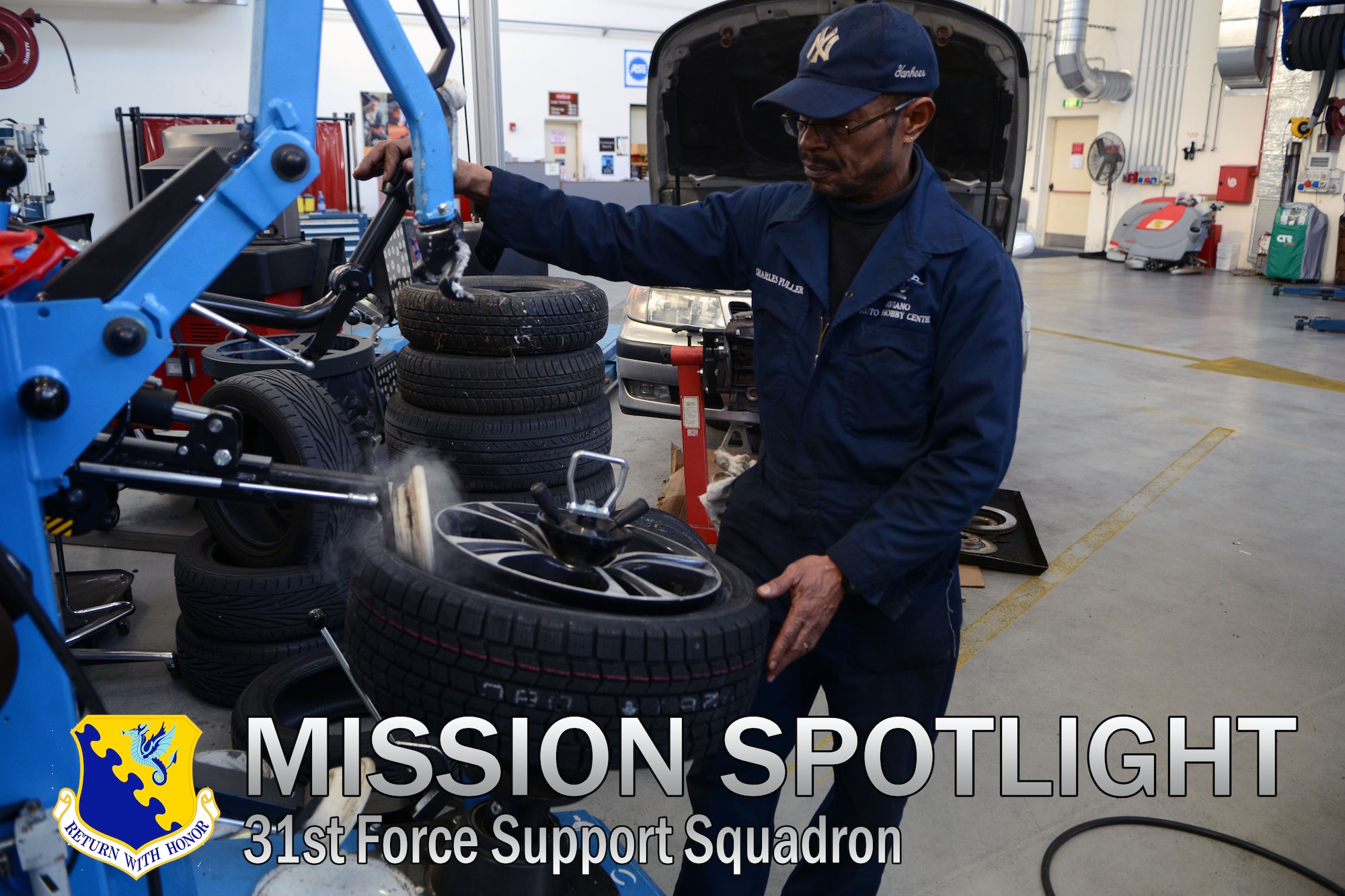 Charlie Fuller, 31st Force Support Squadron auto mechanic, checks a tire during a tire rotation Jan. 25, 2013 at Aviano Air Base, Italy. Along with car repair services the Auto Hobby Shop offers safety orientation briefings, on-base emergency auto road side assistance, instructional classes and deployed spouse car care. (U.S. Air Force photo/Senior Airman Michael Battles)