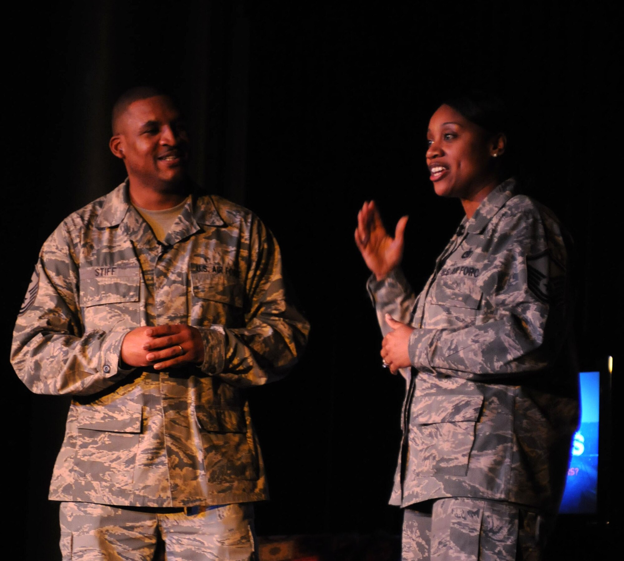 Master Sergeants Kevin and Tonetta Stiff, 39th Security Forces Squadron and 39th Logistics Readiness Squadron respectively, speak about their ongoing journey to conceive a child during Storytellers II Jan. 19, 2013, at Incirlik Air Base, Turkey. Since the first Storytellers event at Incirlik in August 2012, more than four bases have held similar programs. Storytellers creators and participants hope the concept will spread Air Force wide. (U.S. Air Force photo by Senior Airman Anthony Sanchelli/Released)